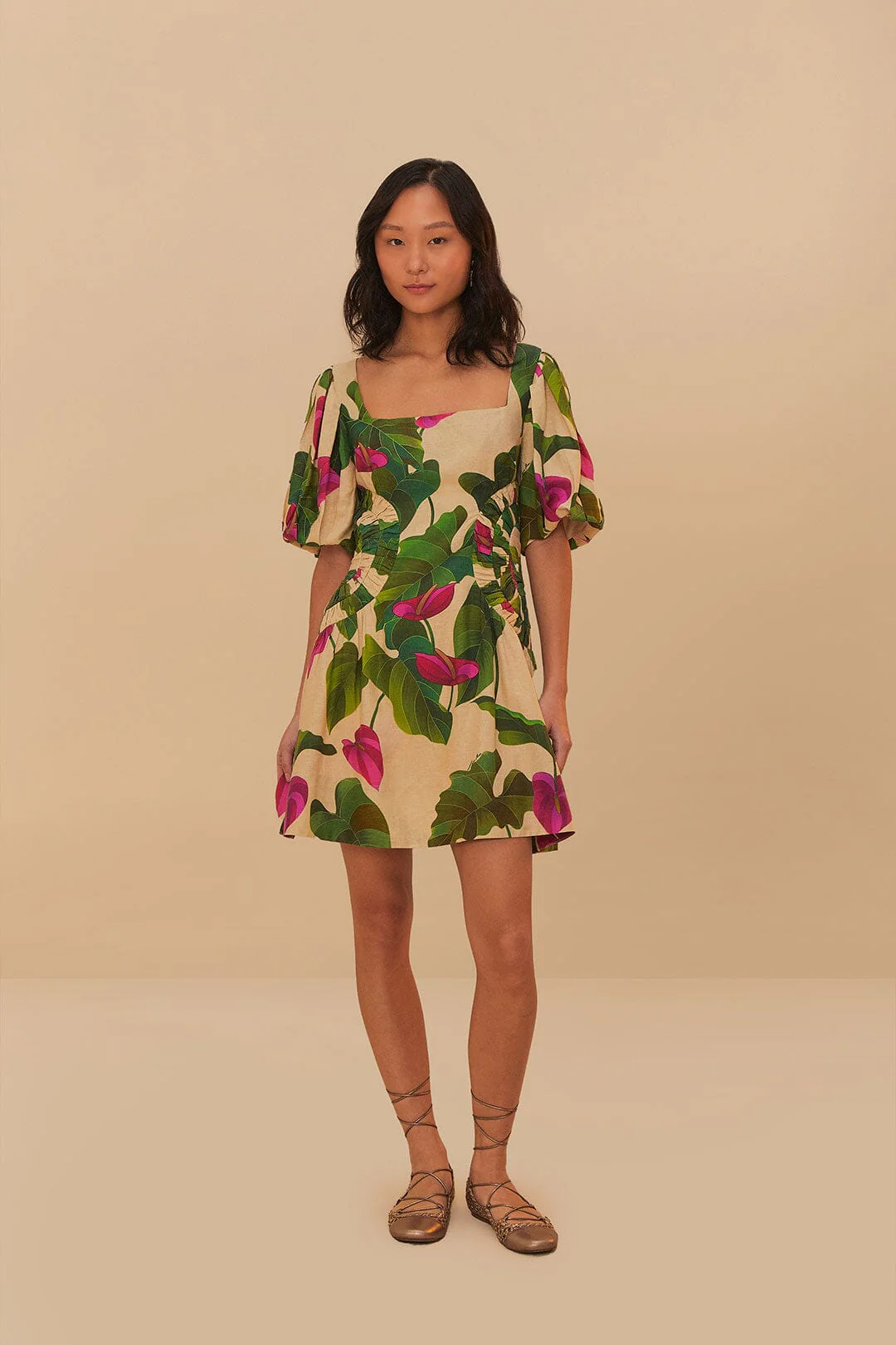 Anthurium Leaves Sand Short Sleeve Square Neckline Mini Dress - Image 2