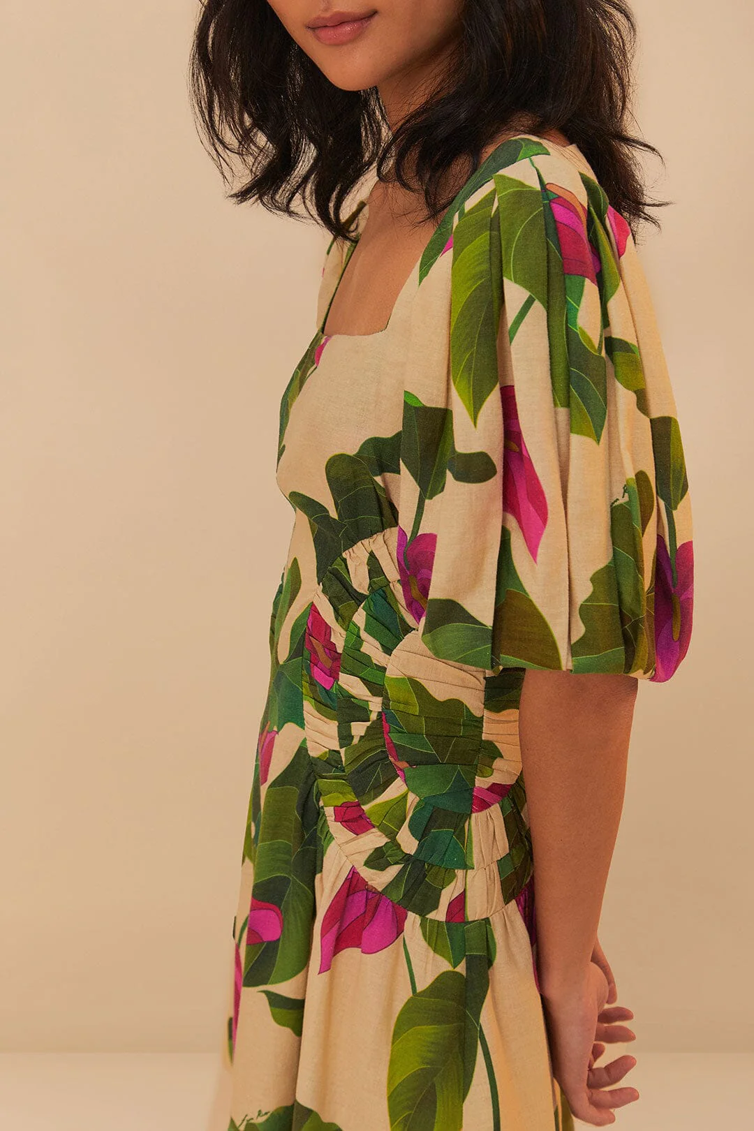 Anthurium Leaves Sand Short Sleeve Square Neckline Mini Dress - Image 3