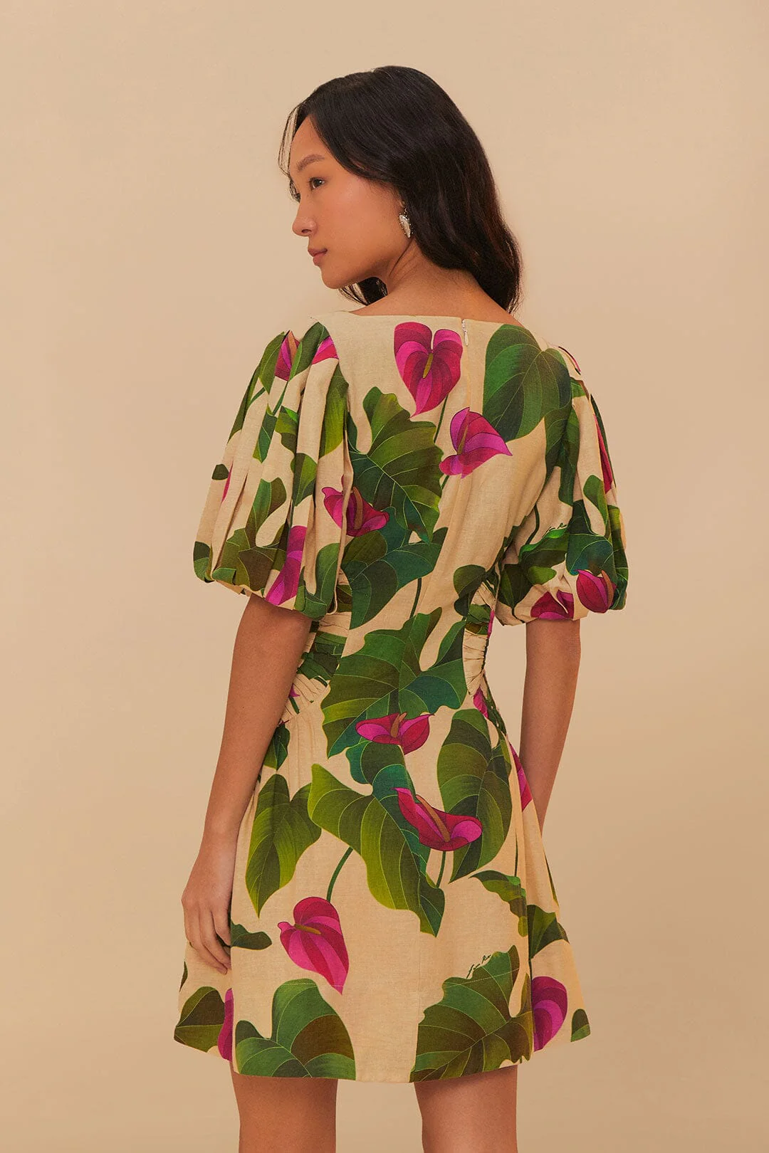 Anthurium Leaves Sand Short Sleeve Square Neckline Mini Dress - Image 4