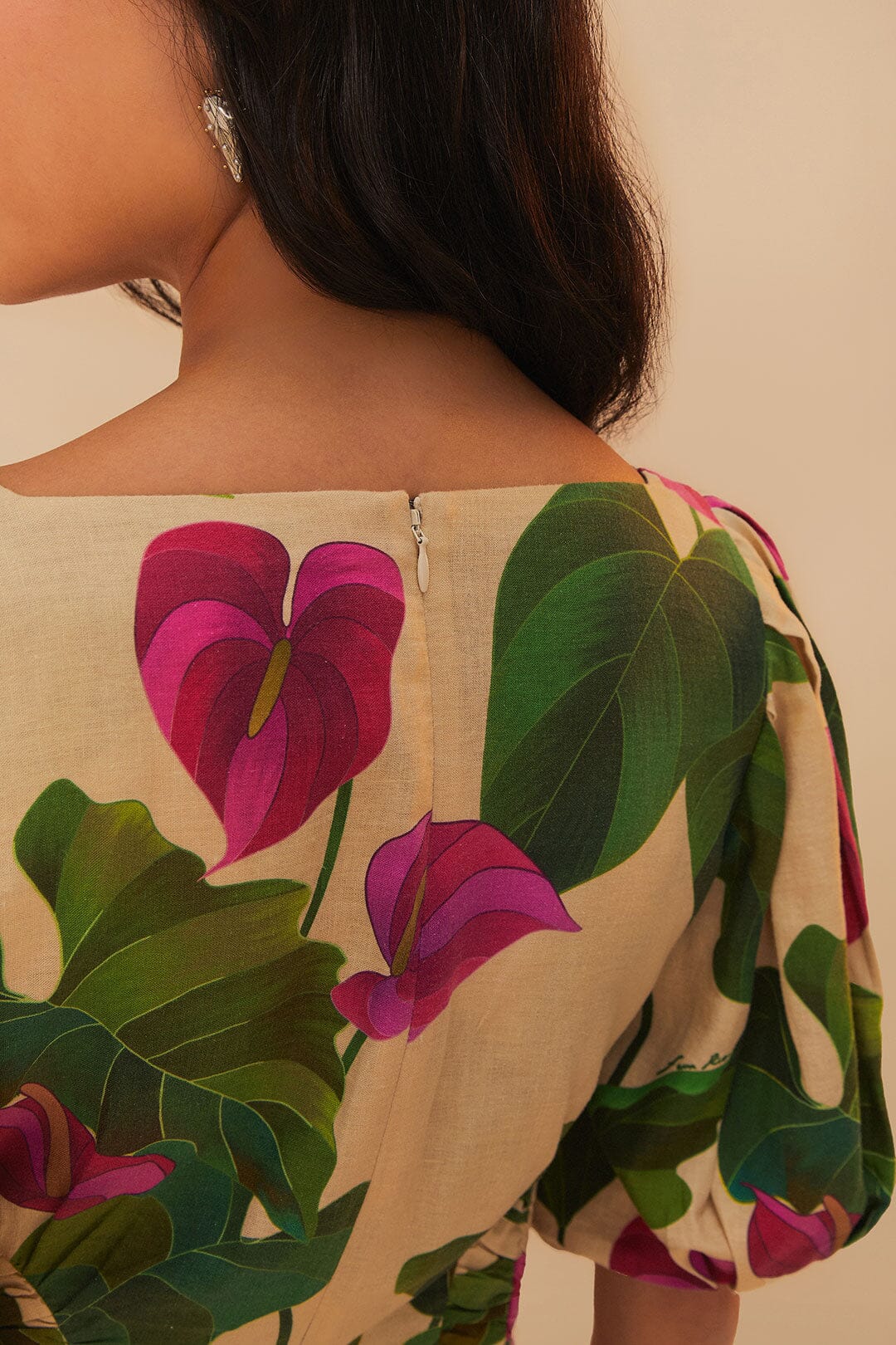 Anthurium Leaves Sand Short Sleeve Square Neckline Mini Dress - Image 5