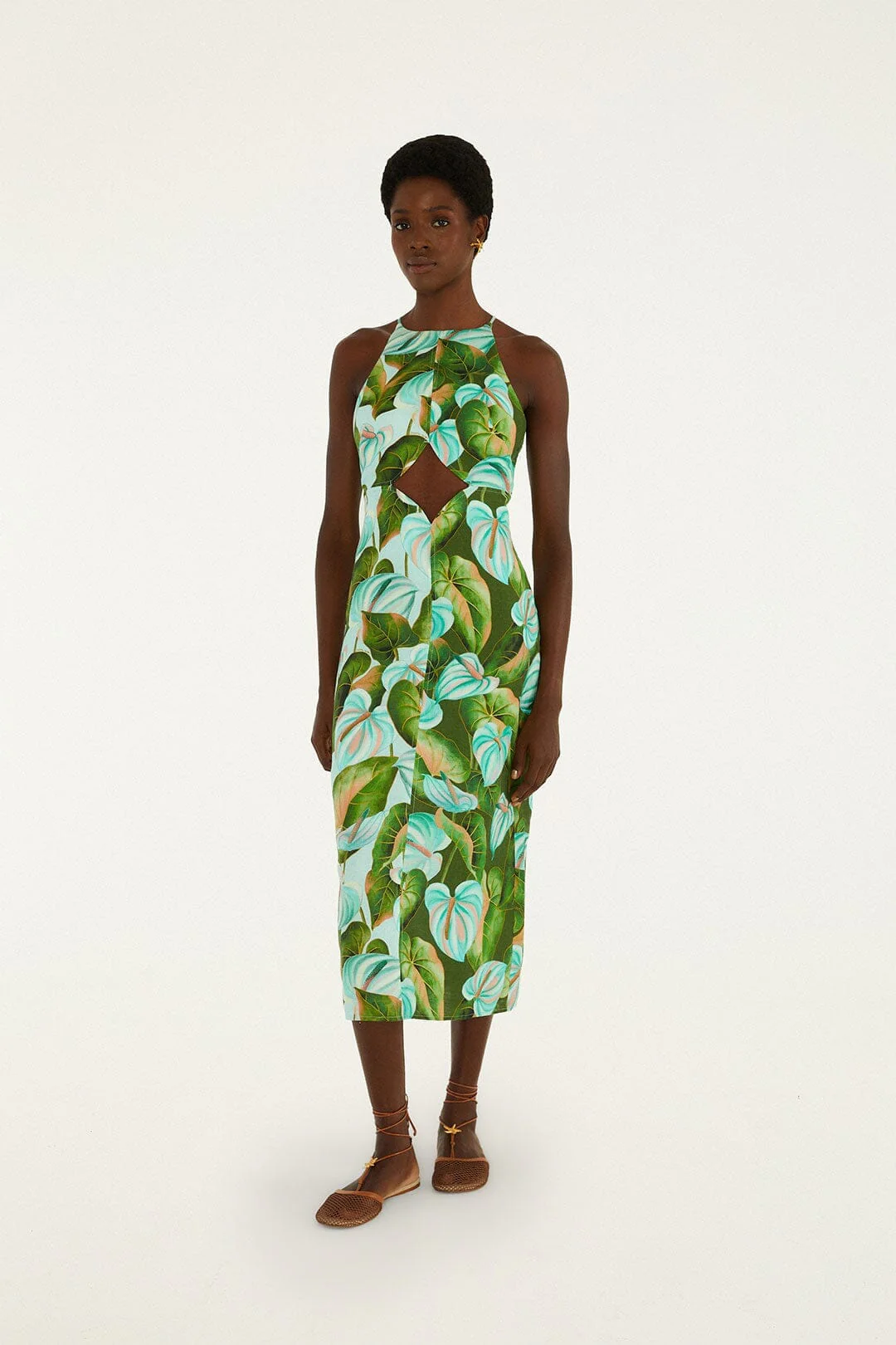Green Anthurium Leaves Cut-Out Euroflax Premium Linen Midi Dress