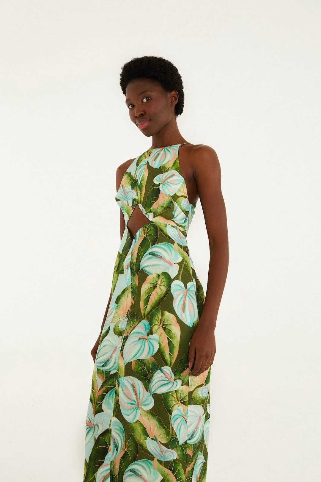 Green Anthurium Leaves Cut-Out Euroflax Premium Linen Midi Dress - Image 2
