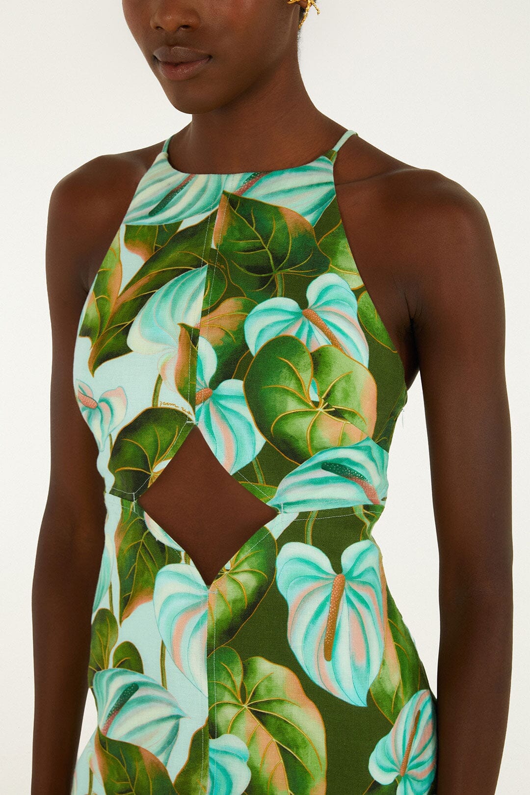 Green Anthurium Leaves Cut-Out Euroflax Premium Linen Midi Dress - Image 3
