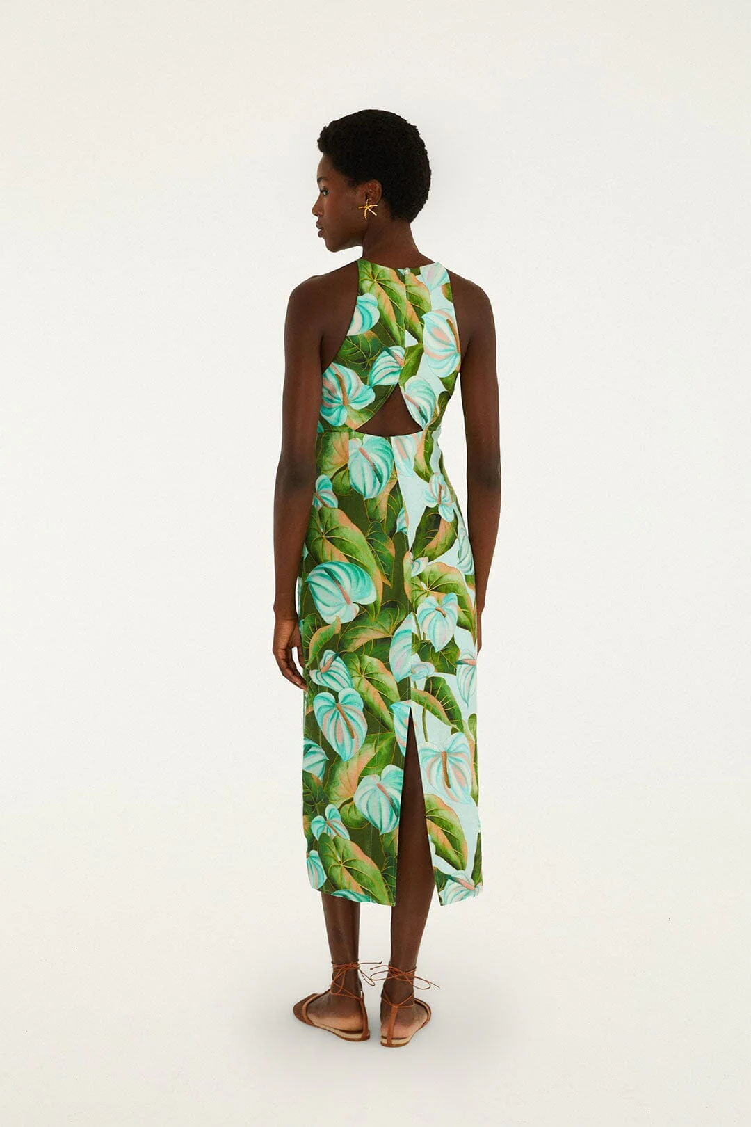 Green Anthurium Leaves Cut-Out Euroflax Premium Linen Midi Dress - Image 4