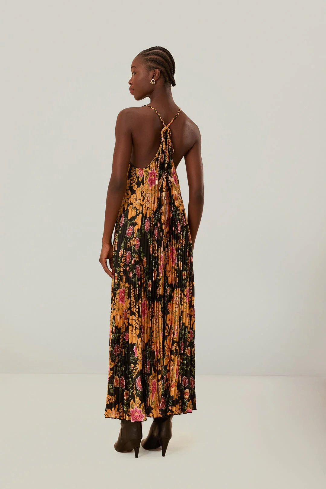 Black Arabesque Floral Pleated Midi Dress - Image 3