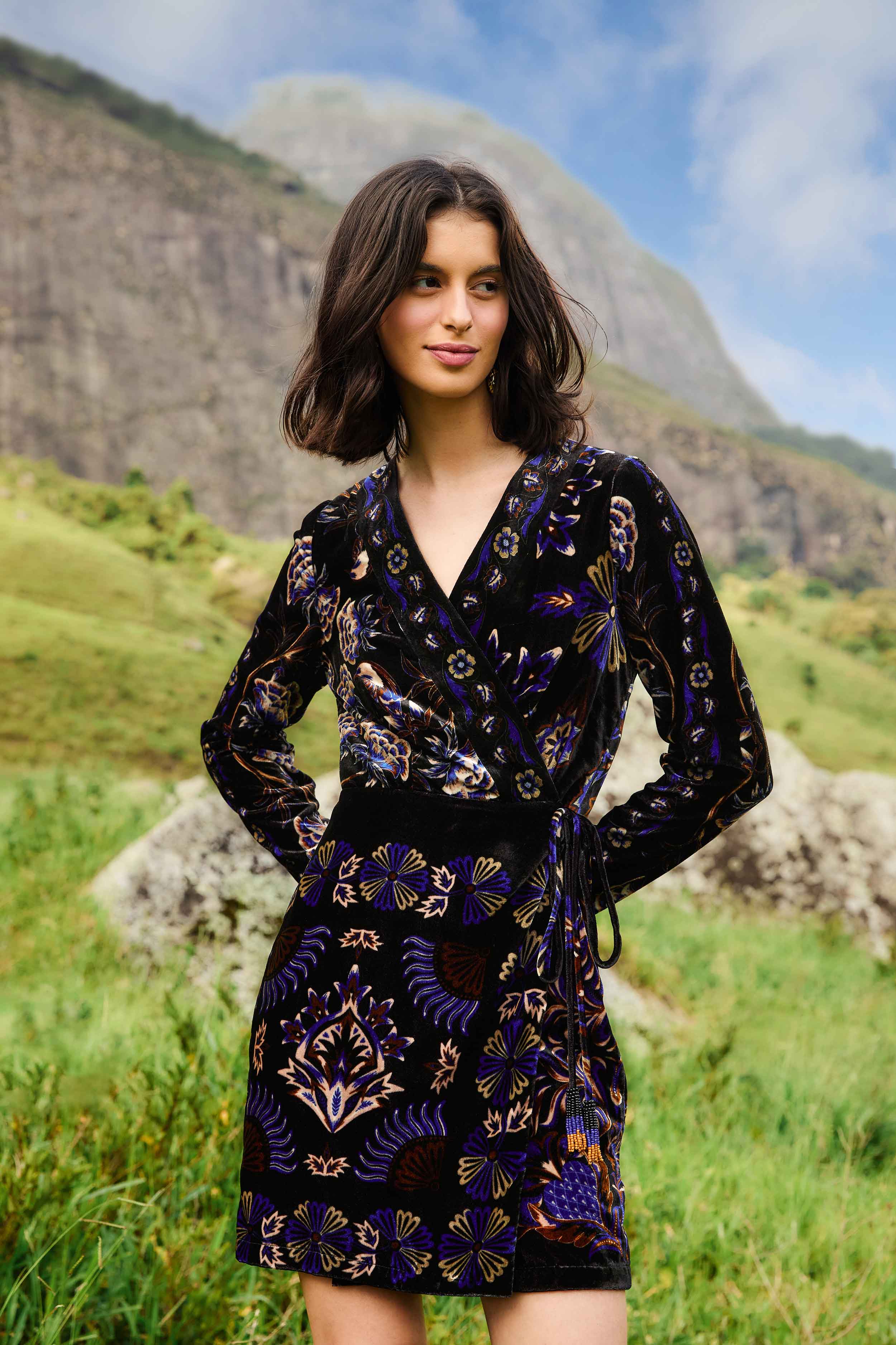 Black Arabesque Mix Scarves Wrap Mini Dress - Image 2