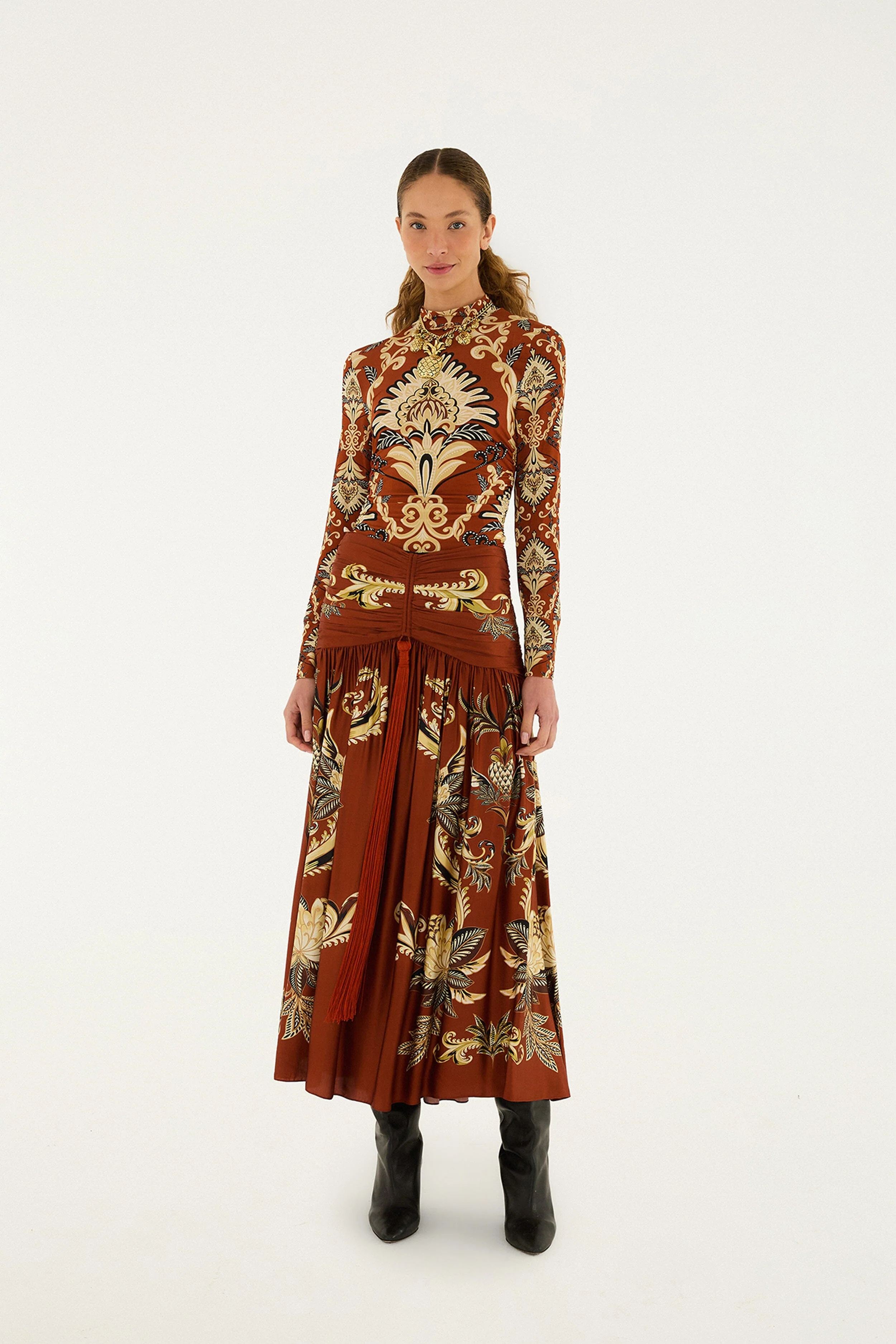 Orange Arabesque Paradise Flower Fringe Lenzing™ Ecovero™ Viscose Midi Skirt