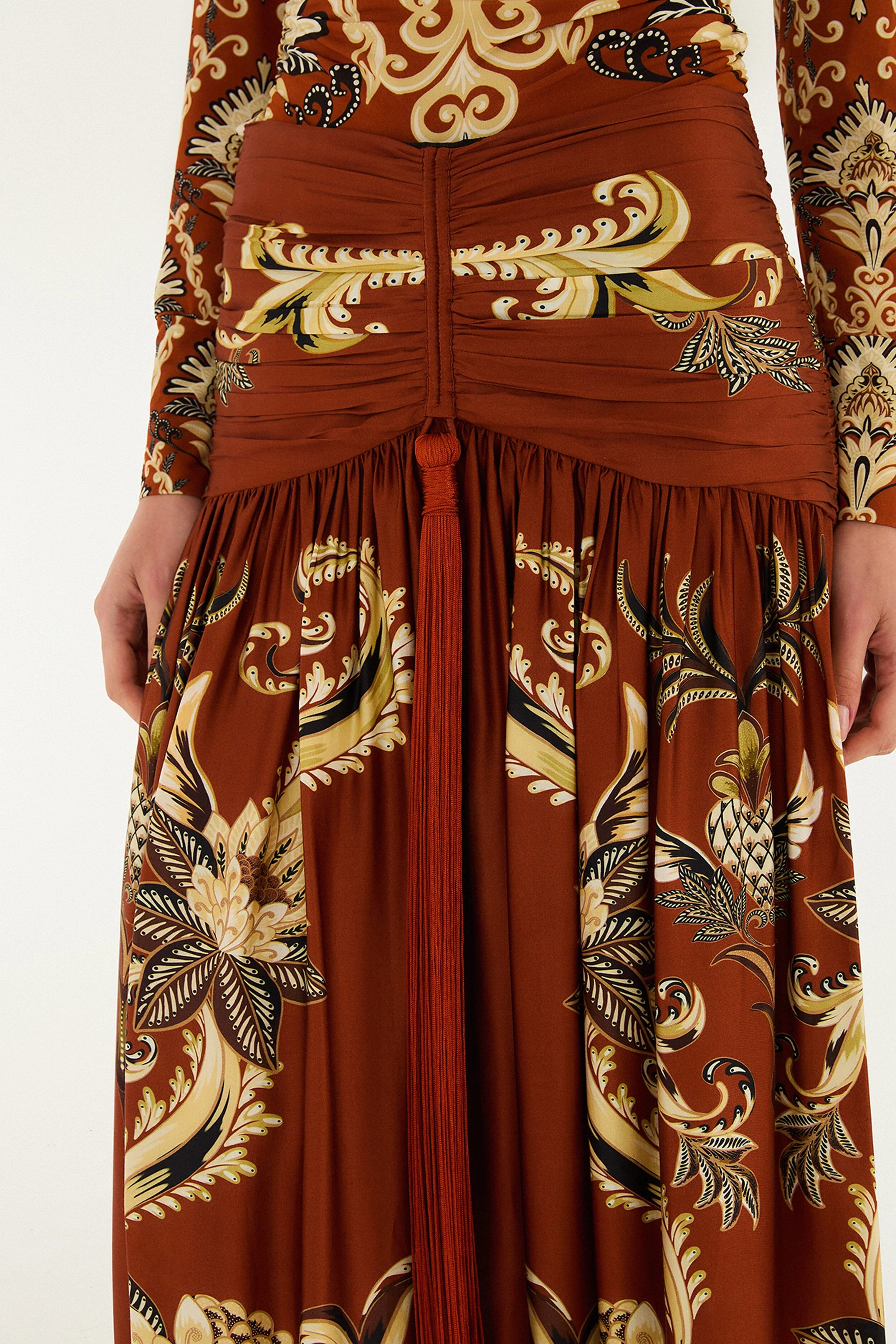 Orange Arabesque Paradise Flower Fringe Lenzing™ Ecovero™ Viscose Midi Skirt - Image 2