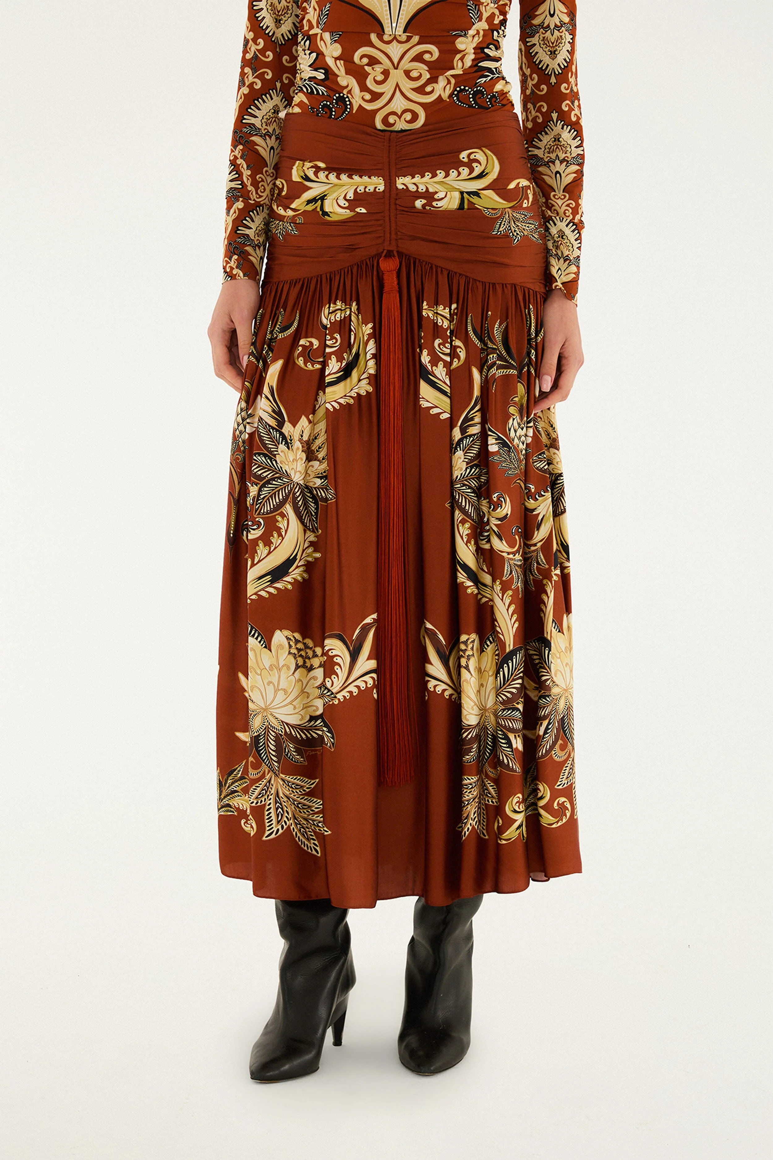 Orange Arabesque Paradise Flower Fringe Lenzing™ Ecovero™ Viscose Midi Skirt - Image 4