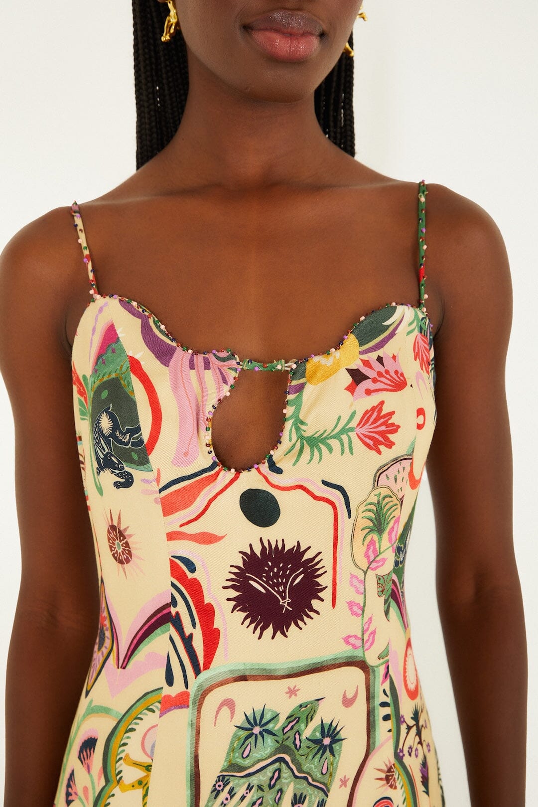 Beige Artsy Surreal Land Beaded Sleeveless Midi Dress - Image 2