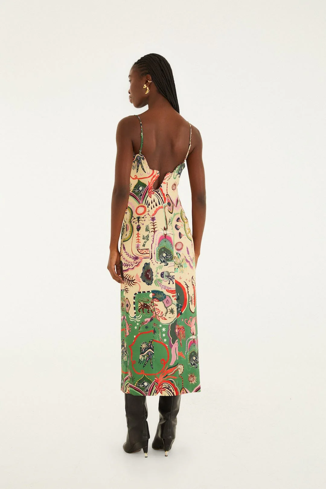 Beige Artsy Surreal Land Beaded Sleeveless Midi Dress - Image 3