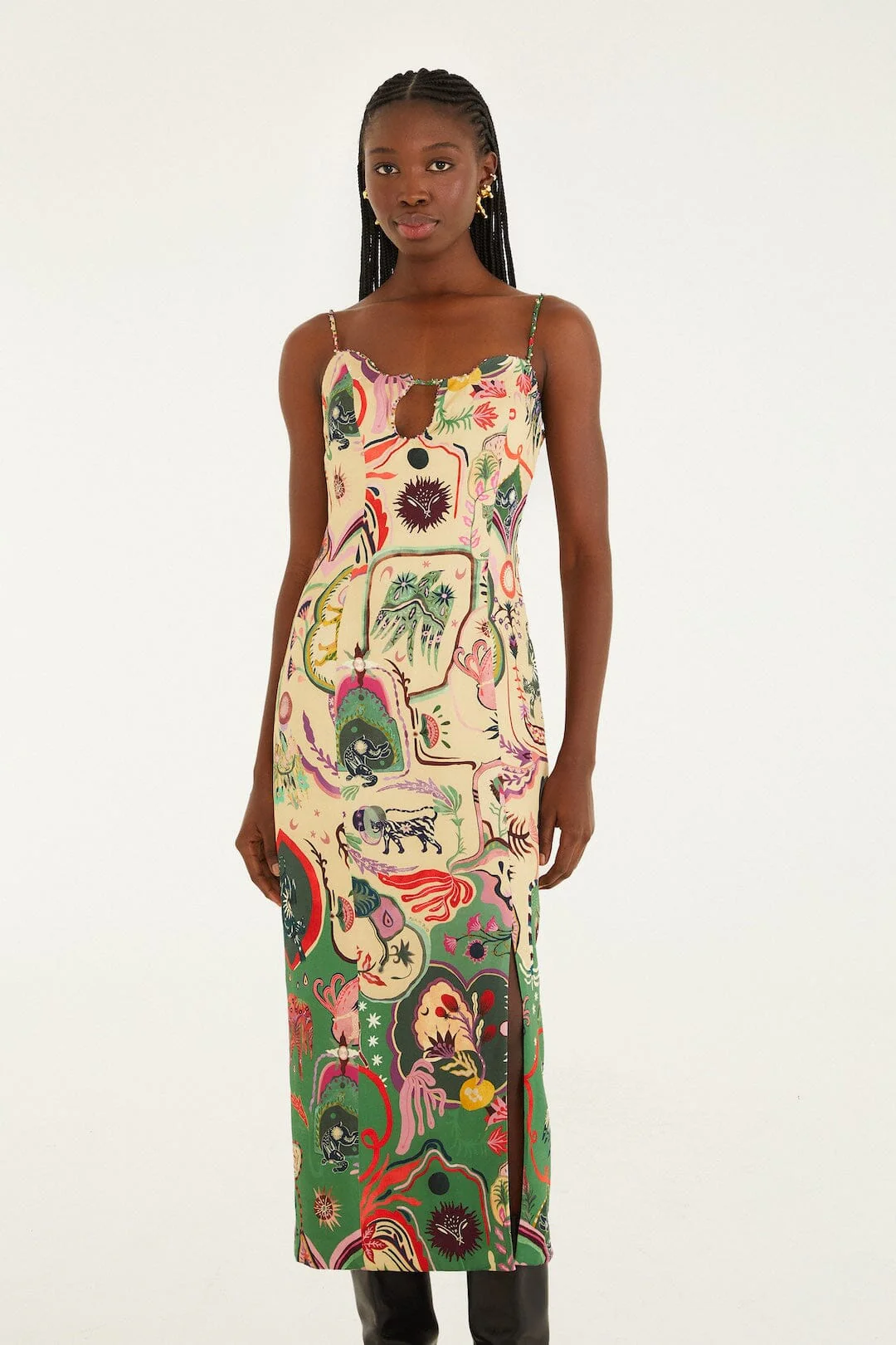 Beige Artsy Surreal Land Beaded Sleeveless Midi Dress - Image 4