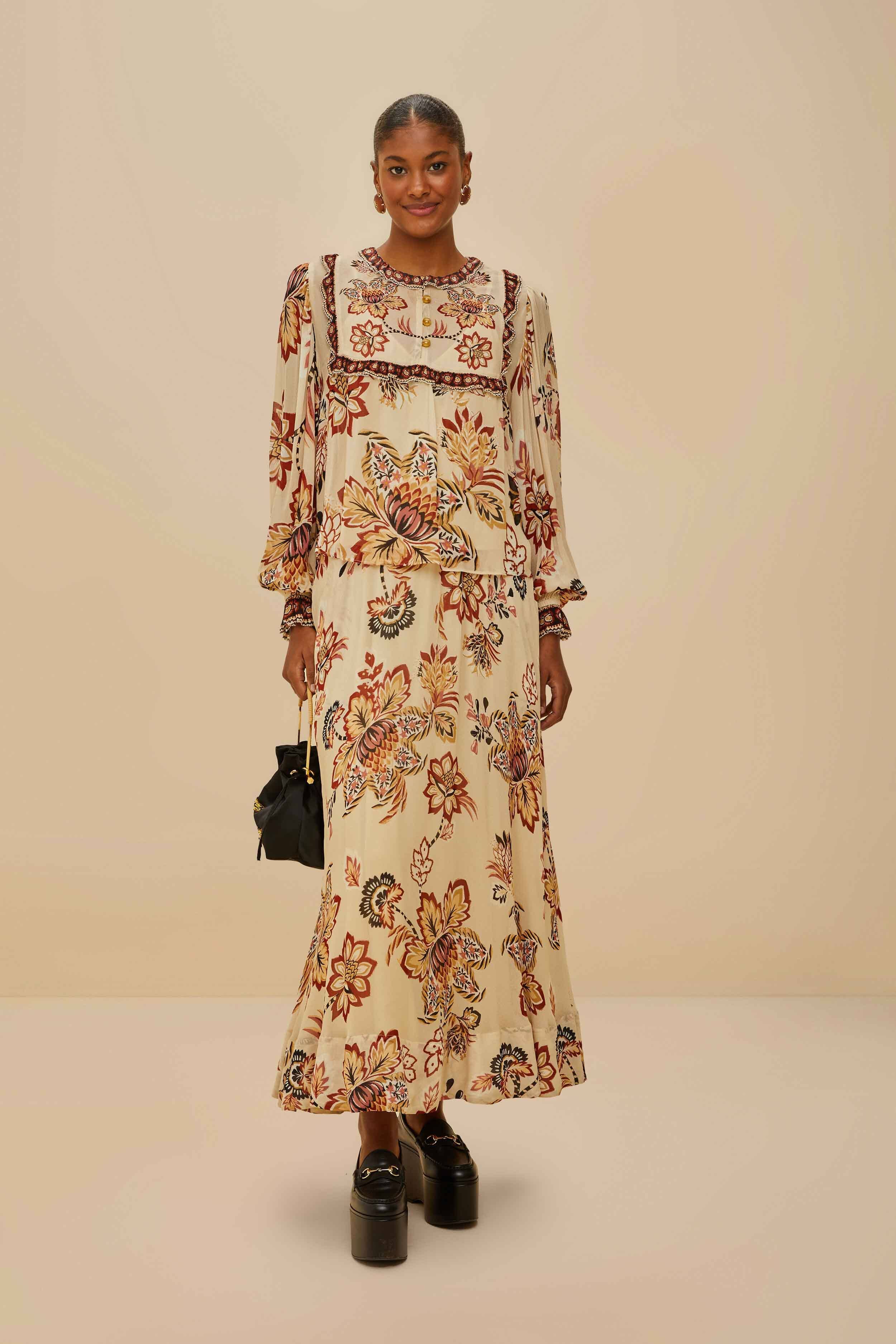 Sand Aura Floral Midi Skirt