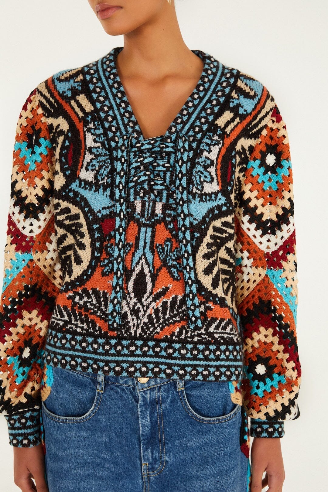 Multicolor Balamana Crochet Sleeve Knit Sweater - Image 2