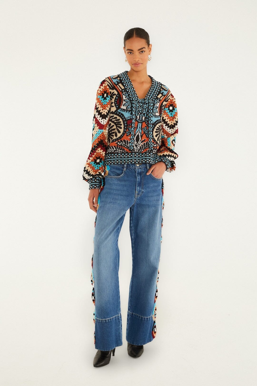 Multicolor Balamana Crochet Sleeve Knit Sweater - Image 4