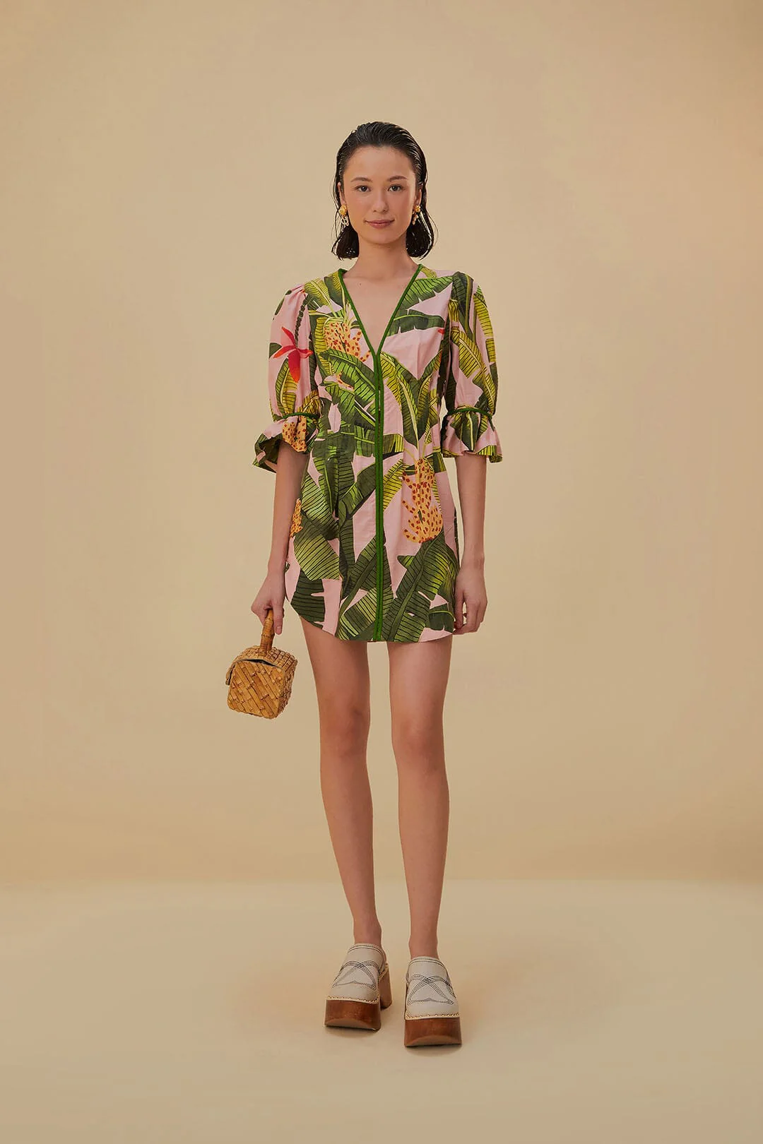 Pink Banana Leaves V Neck Mini Dress - Image 2