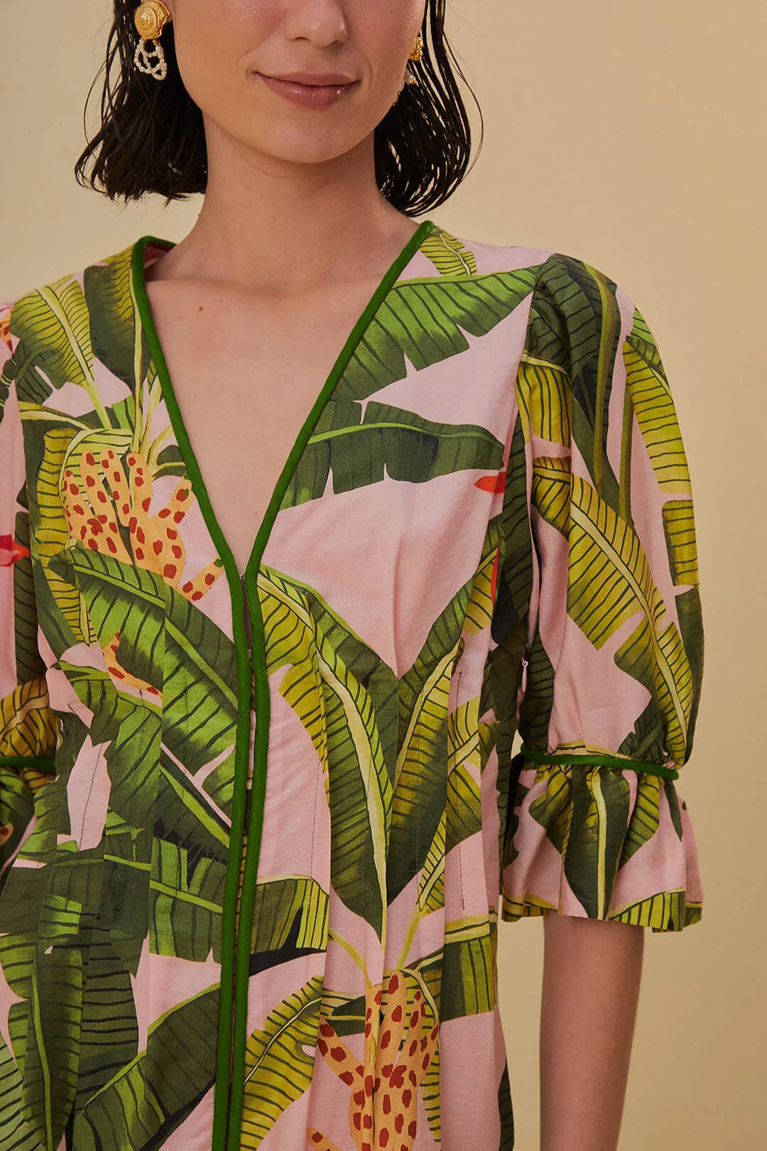 Pink Banana Leaves V Neck Mini Dress - Image 3