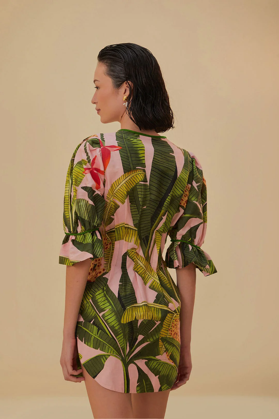 Pink Banana Leaves V Neck Mini Dress - Image 4
