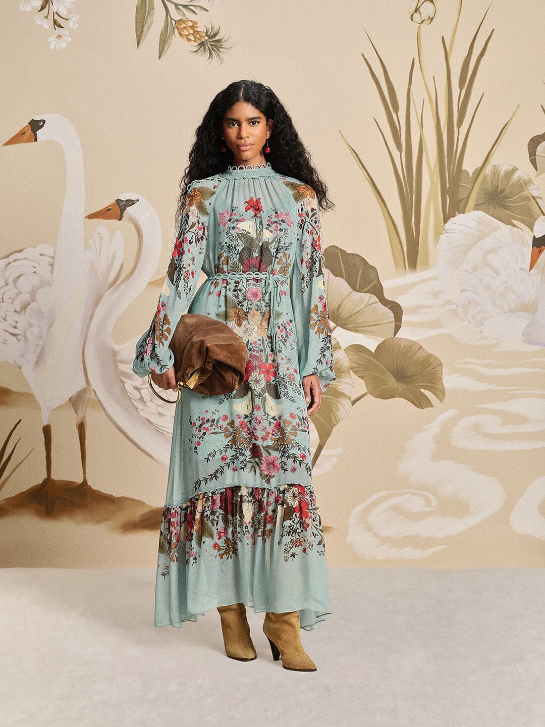 BEAUTY BOUQUET BLUE LONG SLEEVE MAXI DRESS
