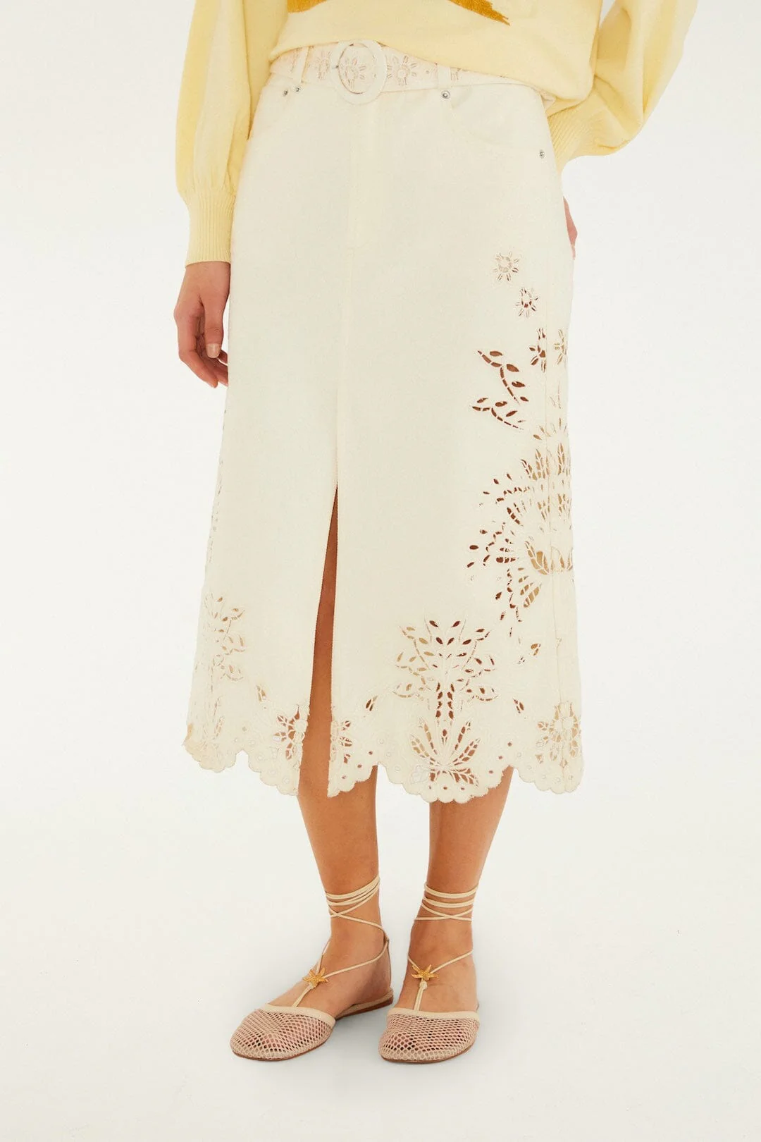 Beige Geometric Richelieu Twill Midi Skirt - Image 2