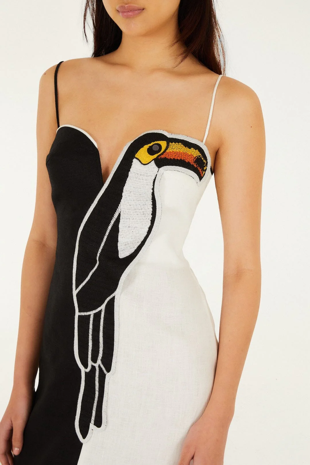 Black And White Embroidered Toucan Euroflax Premium Linen Sleeveless Maxi Dress - Image 2