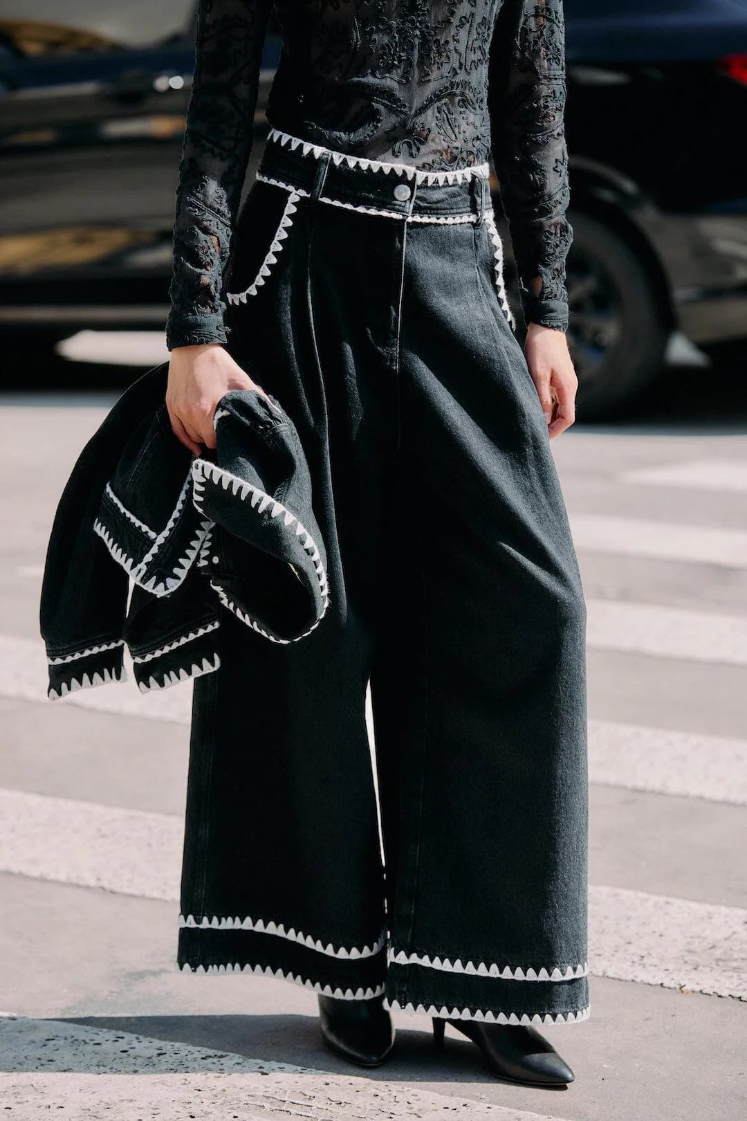 Black Crochet Embroidery Wide-Leg Denim Pants - Image 2