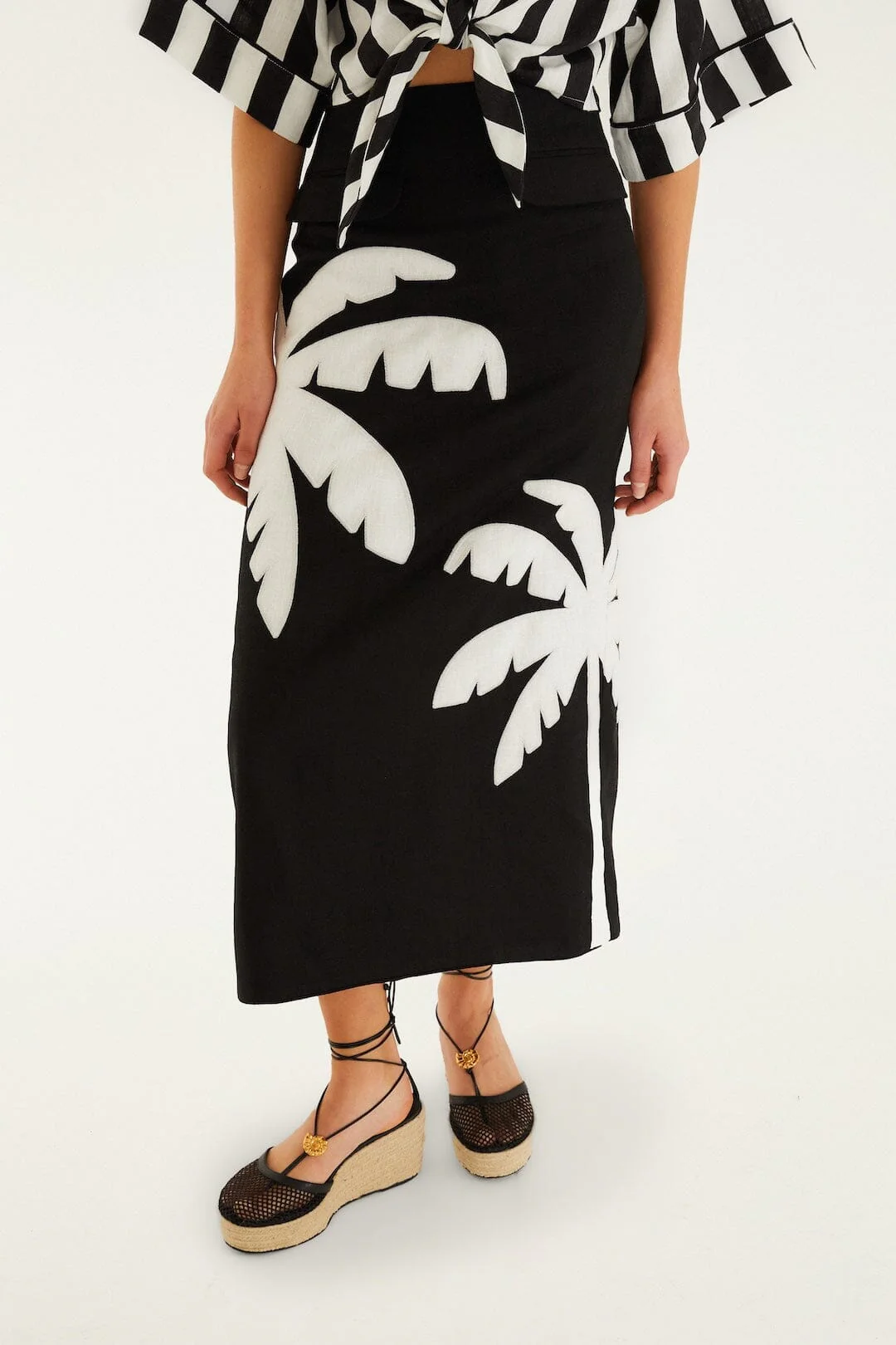 Black Embroidered Palm Tree Euroflax Premium Linen Maxi Skirt - Image 2
