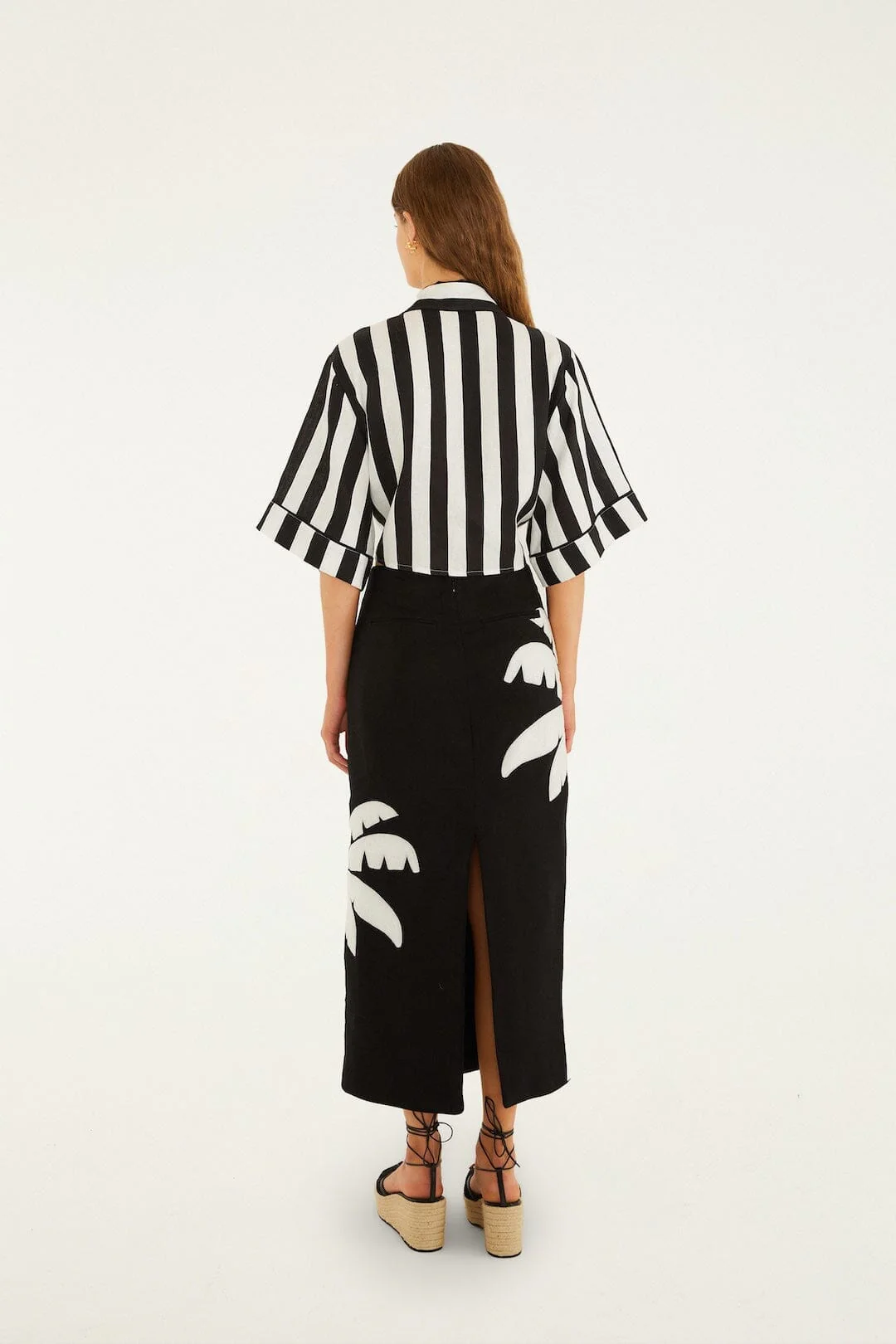 Black Embroidered Palm Tree Euroflax Premium Linen Maxi Skirt - Image 3