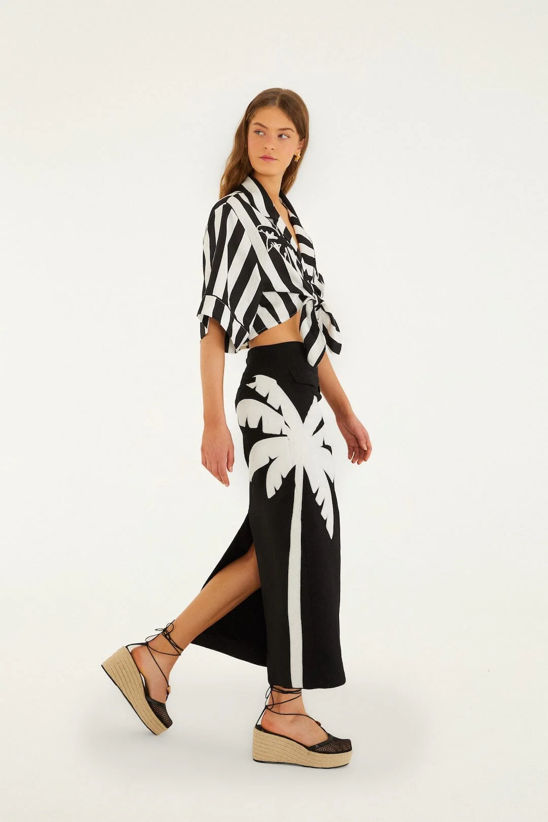 Black Embroidered Palm Tree Euroflax Premium Linen Maxi Skirt - Image 4