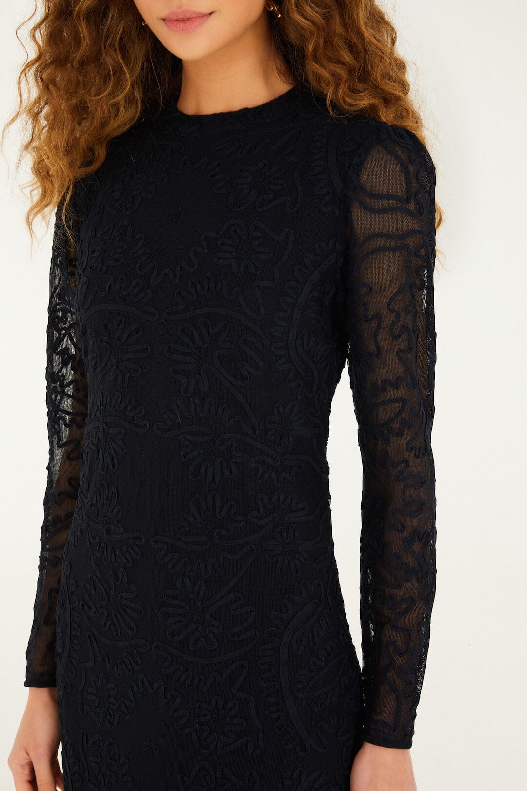 Black Embroidered Sheer Sleeve Maxi Dress - Image 2