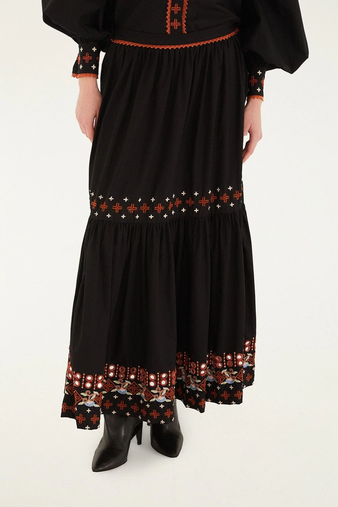 Black Embroidered Tiered Maxi Skirt - Image 2
