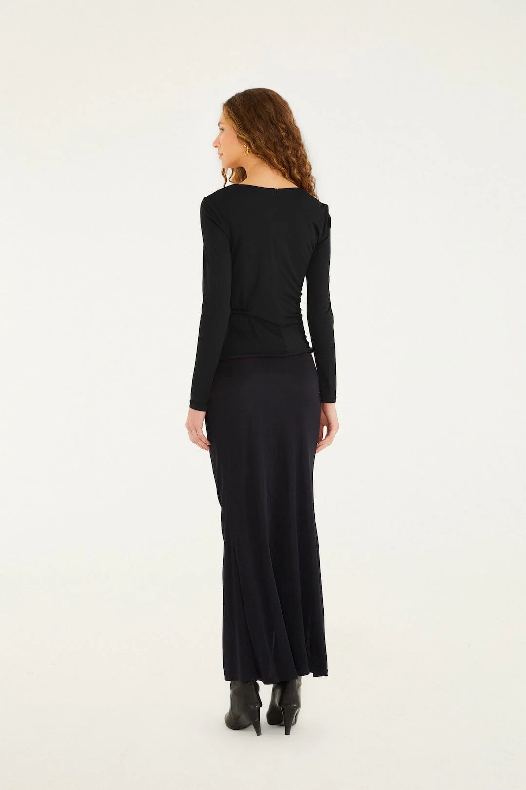 Black Flower Draped Side Slit Midi Skirt - Image 3