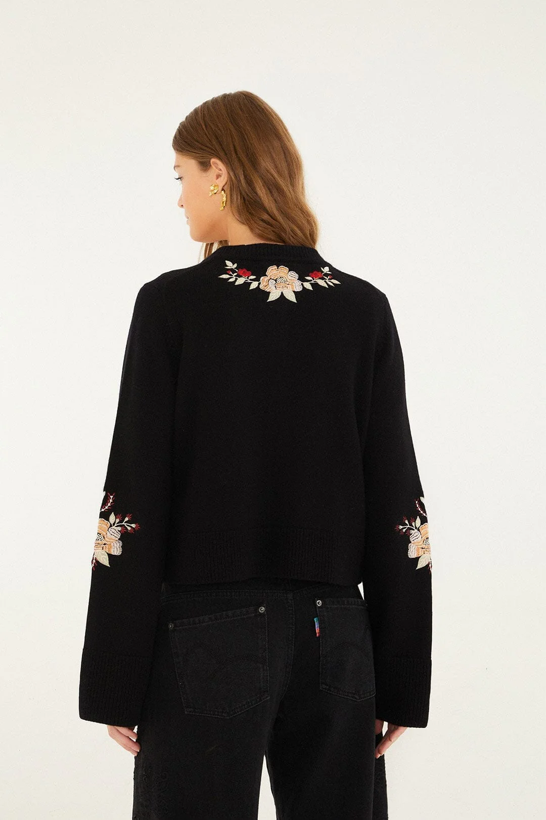 Black Flowers Embroidered Buttoned Knit Cardigan - Image 3