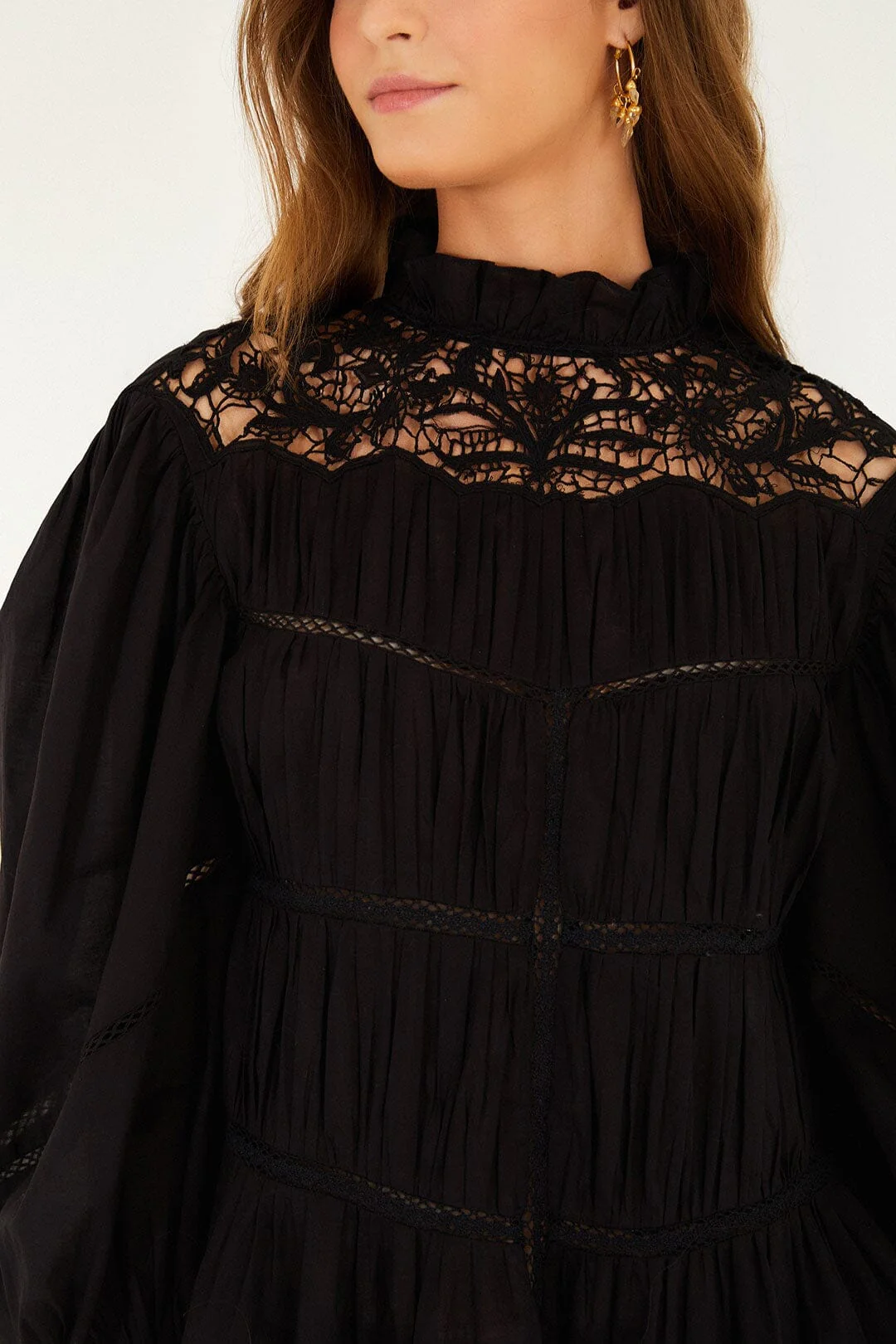 Black Lace Puff Sleeve Blouse - Image 2