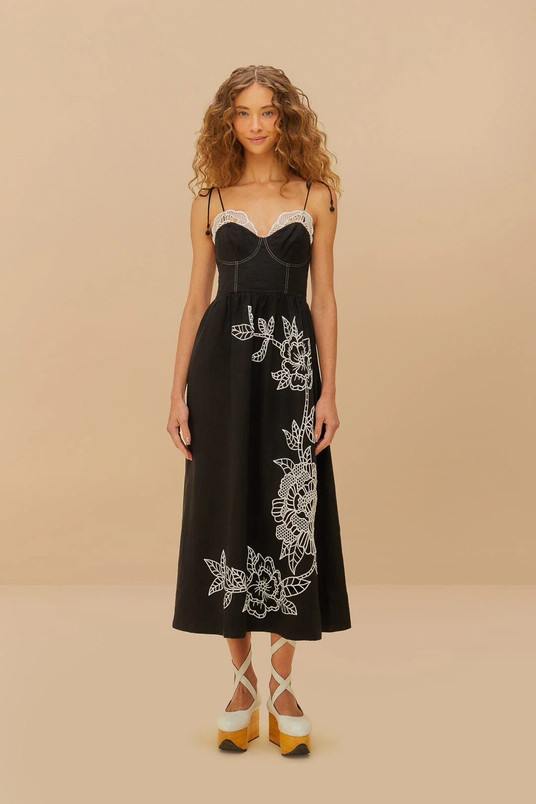 Black Richelieu Lace Euroflax™ Premium Linen Midi Dress
