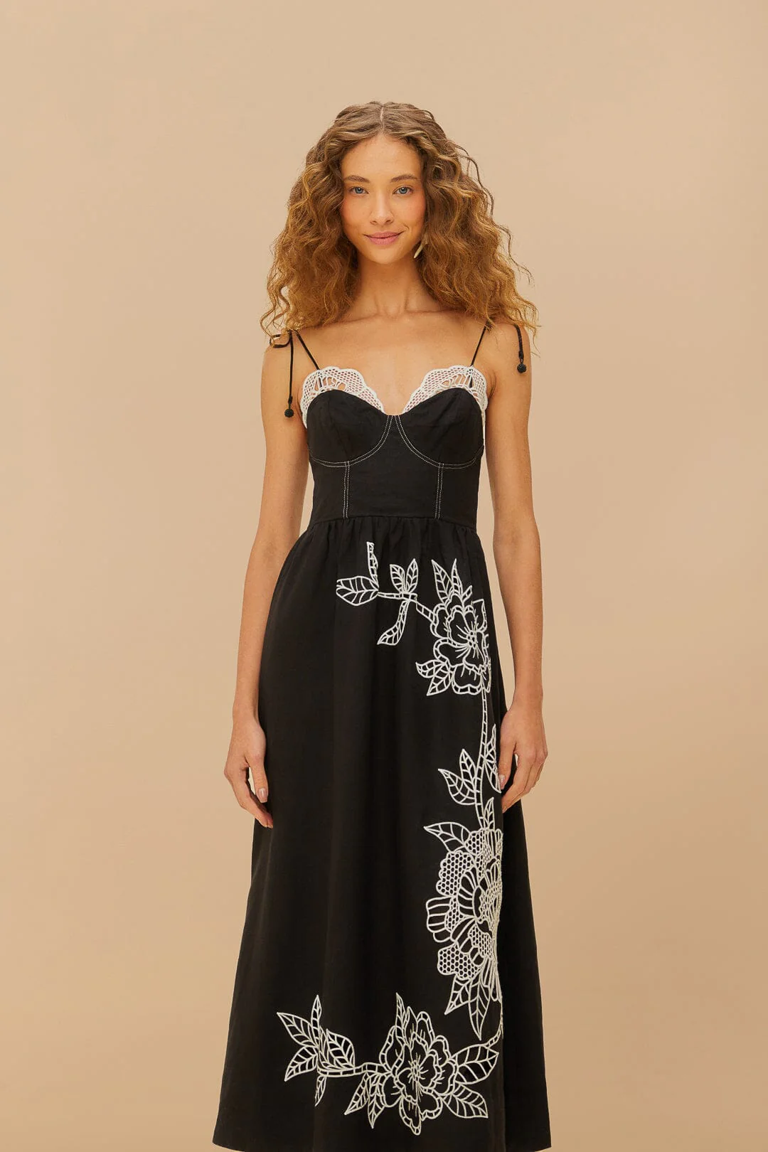 Black Richelieu Lace Euroflax™ Premium Linen Midi Dress - Image 2