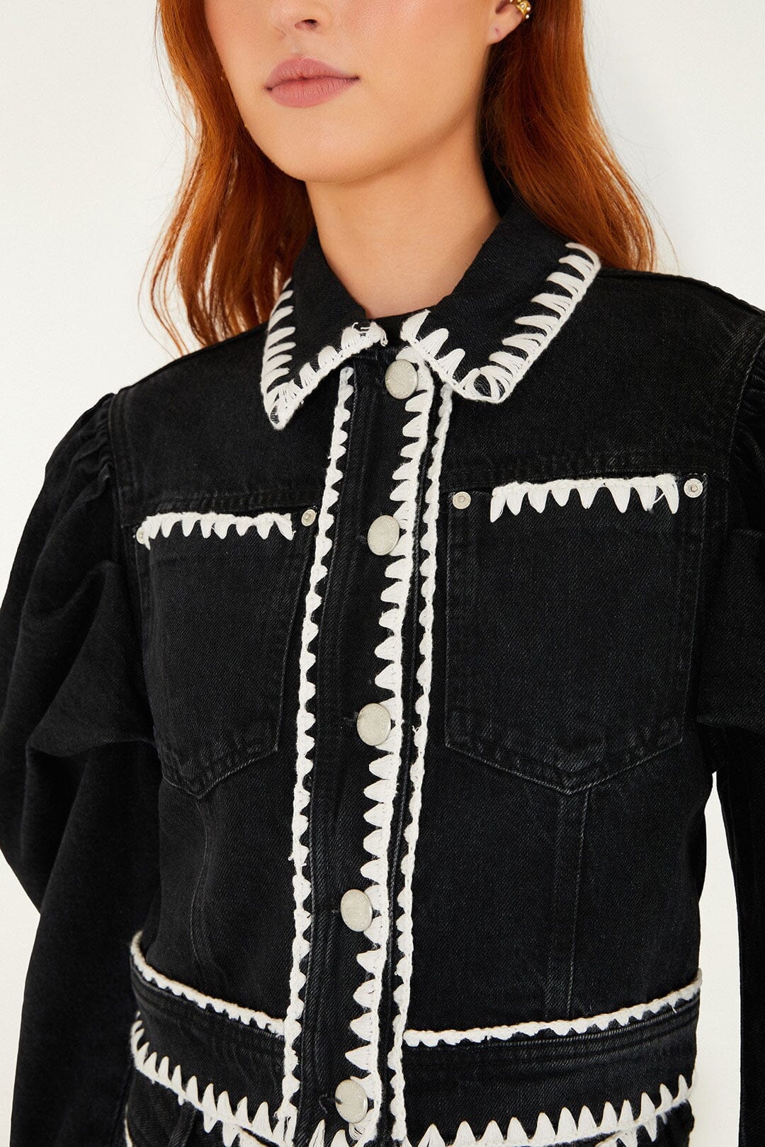 Black Romantic Crochet Embroidery Puff Sleeve Denim Jacket - Image 2