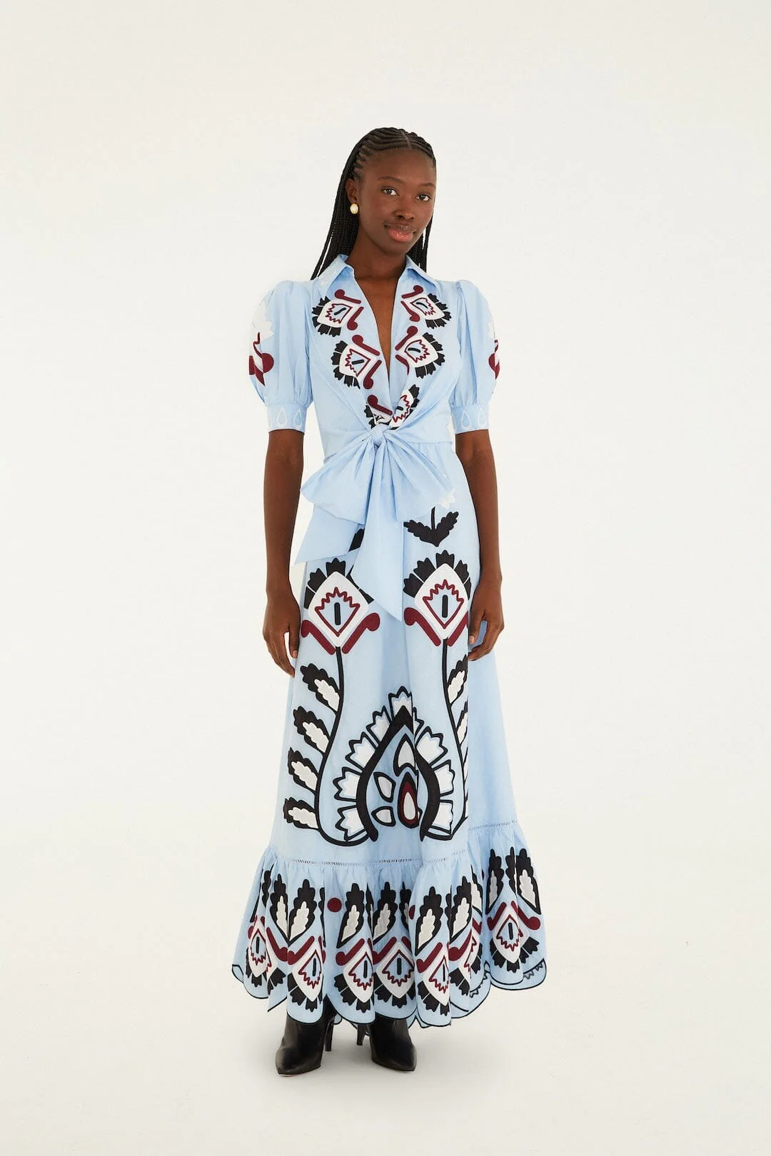 Blue Artisanal Embroidered Lace Front Bow Maxi Dress