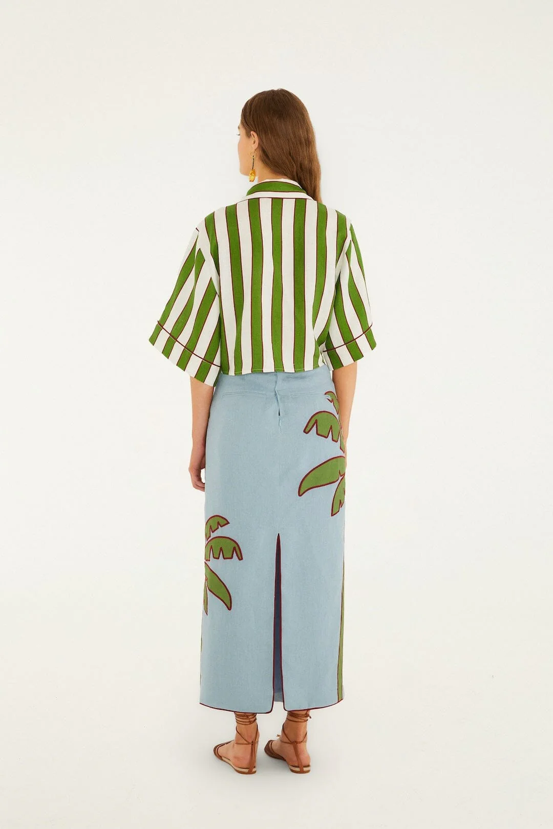 Blue Embroidered Palm Tree Euroflax Premium Linen Maxi Skirt - Image 3