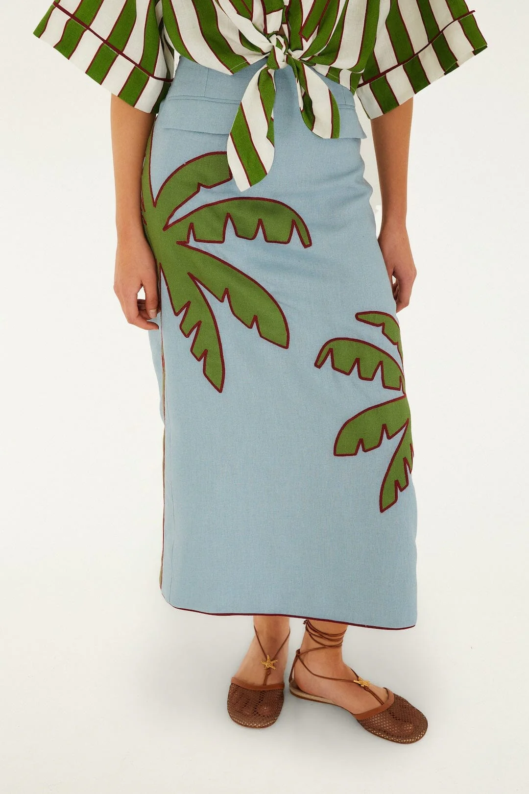 Blue Embroidered Palm Tree Euroflax Premium Linen Maxi Skirt - Image 4