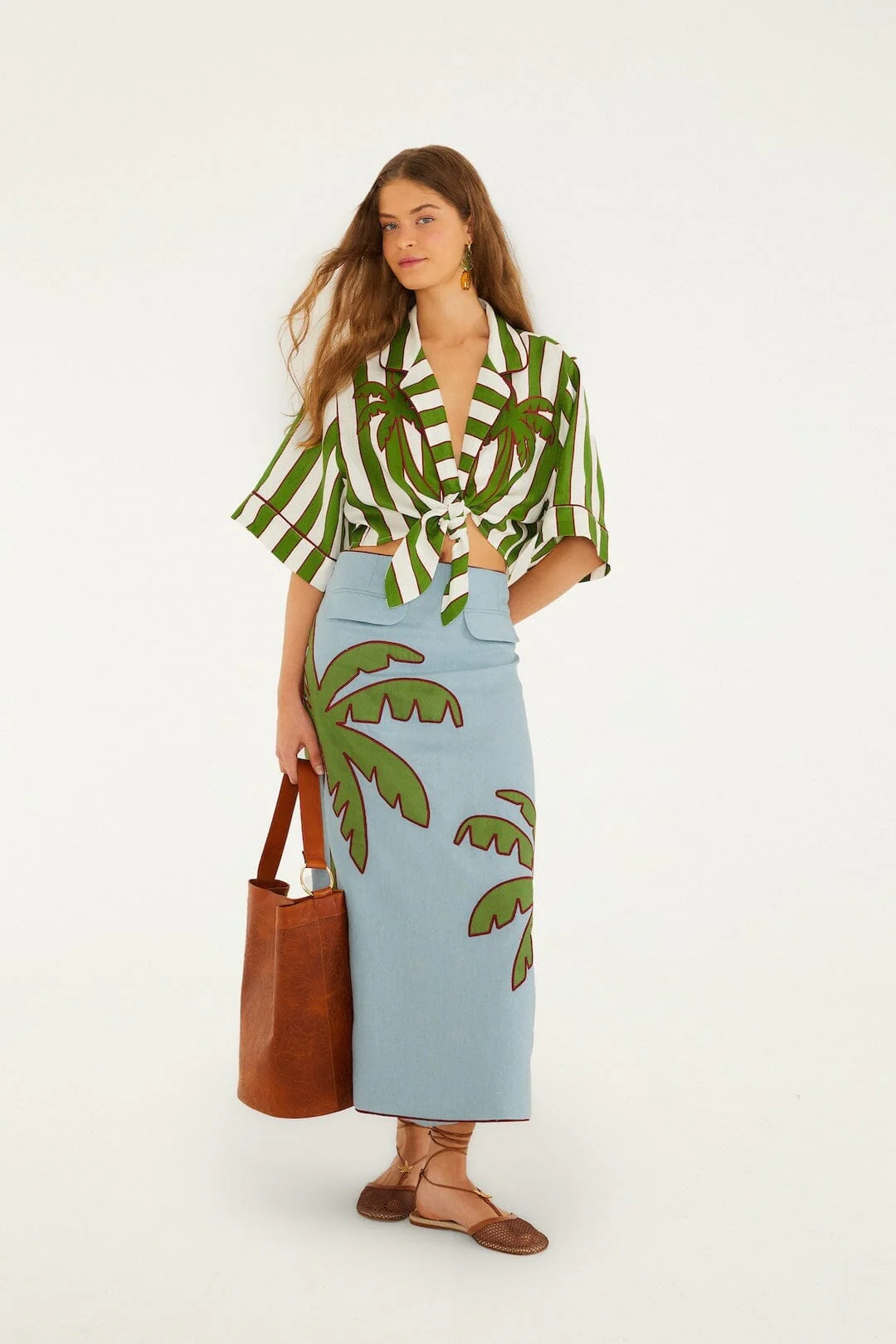 Blue Embroidered Palm Tree Euroflax Premium Linen Maxi Skirt - Image 5