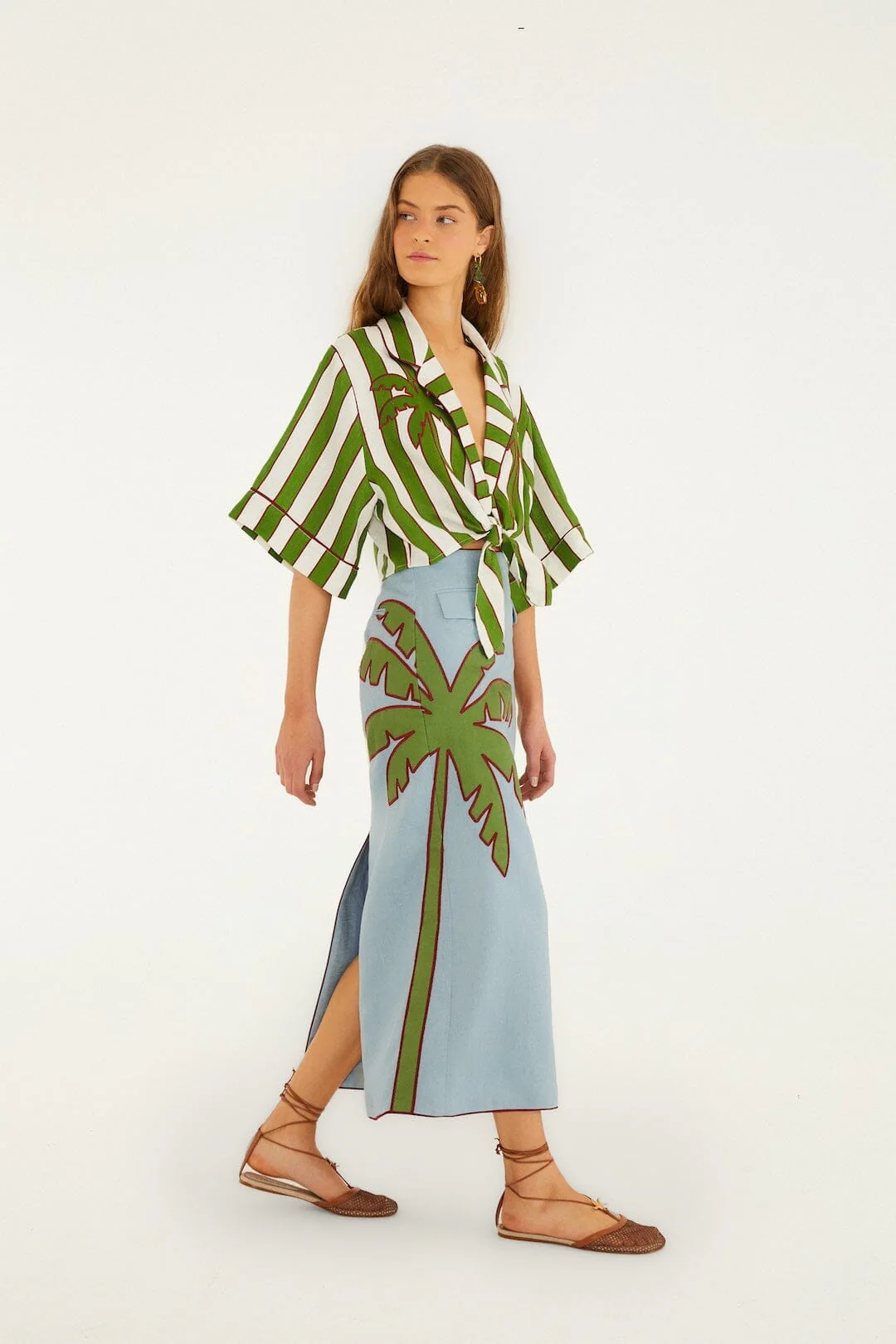 Blue Embroidered Palm Tree Euroflax Premium Linen Maxi Skirt - Image 6