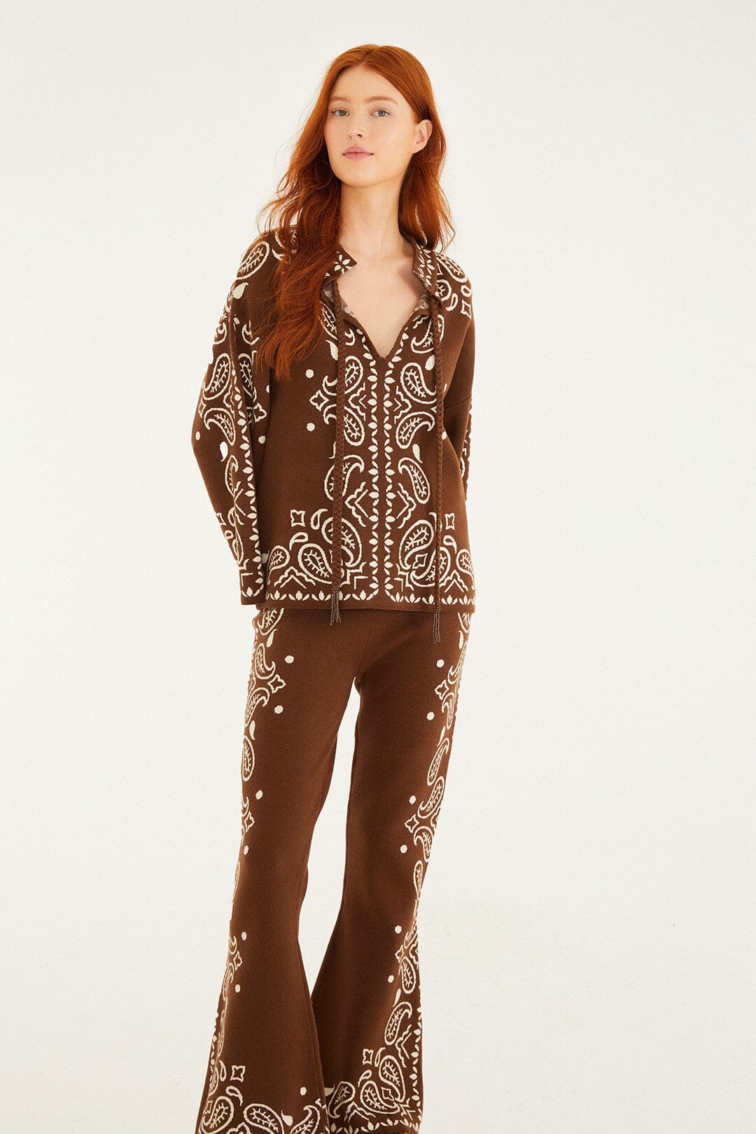 Brown Bohemian Paisley Flare Knit Pants - Image 3