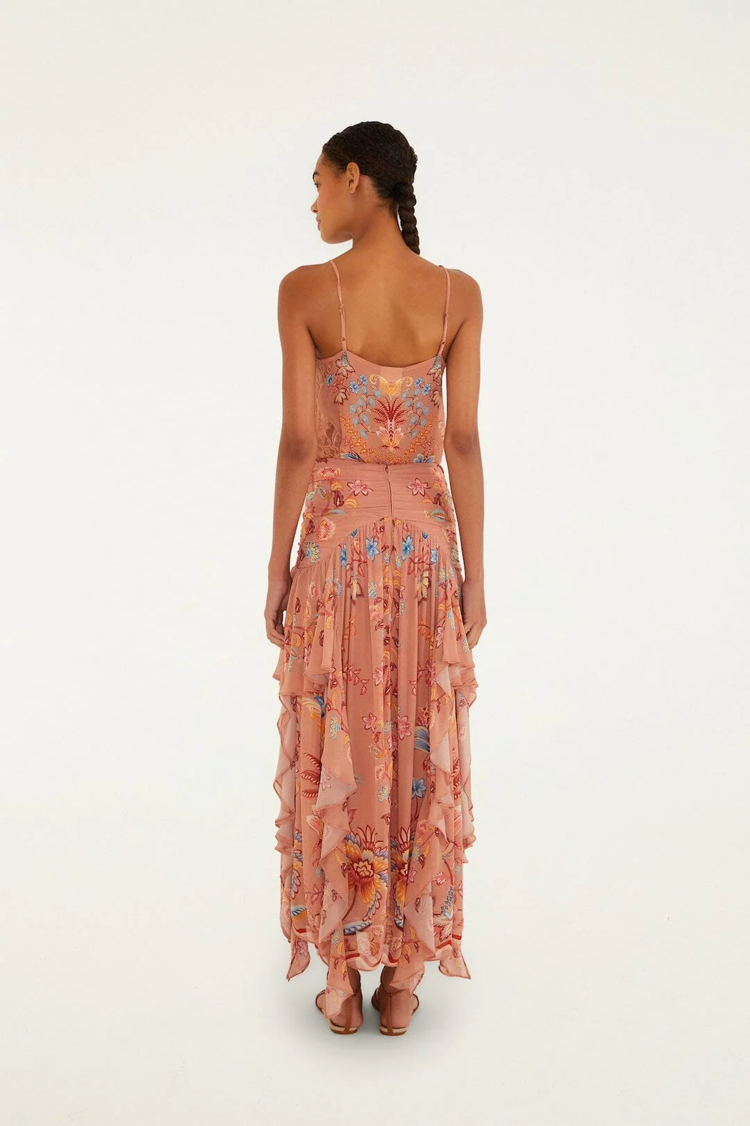 Mocha Boho Enhance Ruched Ruffled Maxi  Skirt - Image 3
