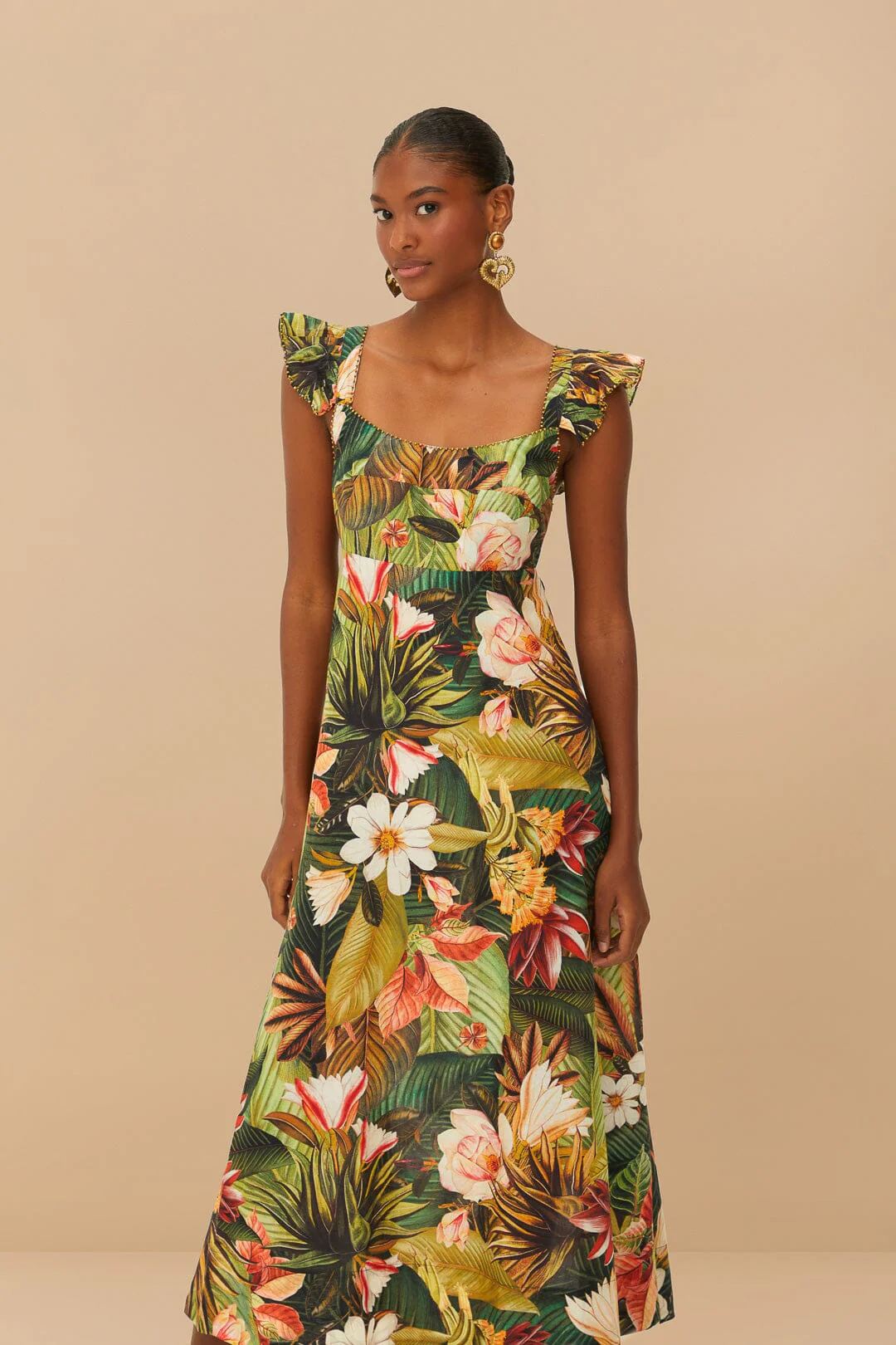 Botanical Forest Multicolor Scoop Neck Ruffled Strap Maxi Dress - Image 2