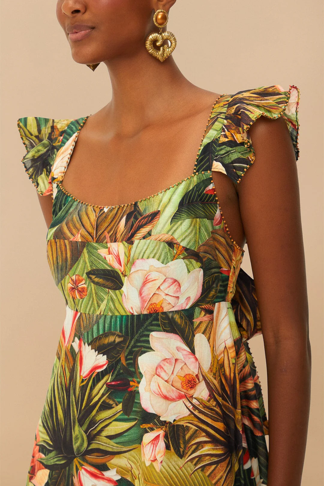 Botanical Forest Multicolor Scoop Neck Ruffled Strap Maxi Dress - Image 3