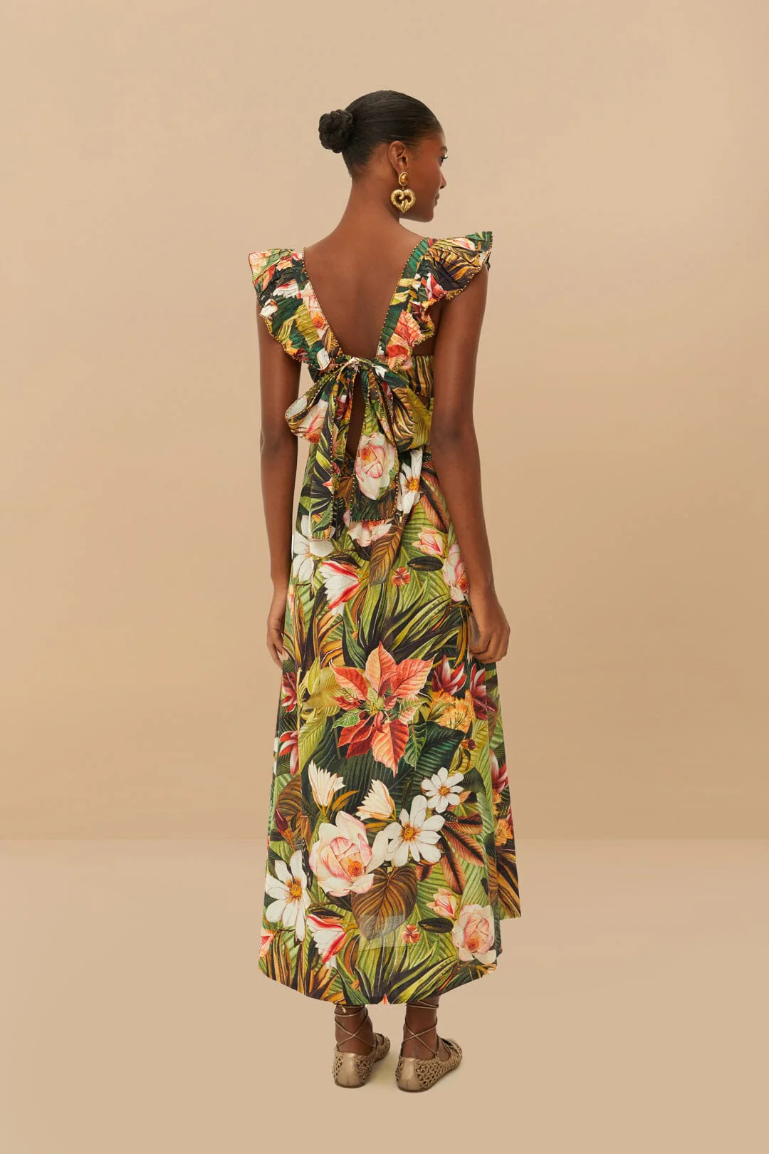 Botanical Forest Multicolor Scoop Neck Ruffled Strap Maxi Dress - Image 5