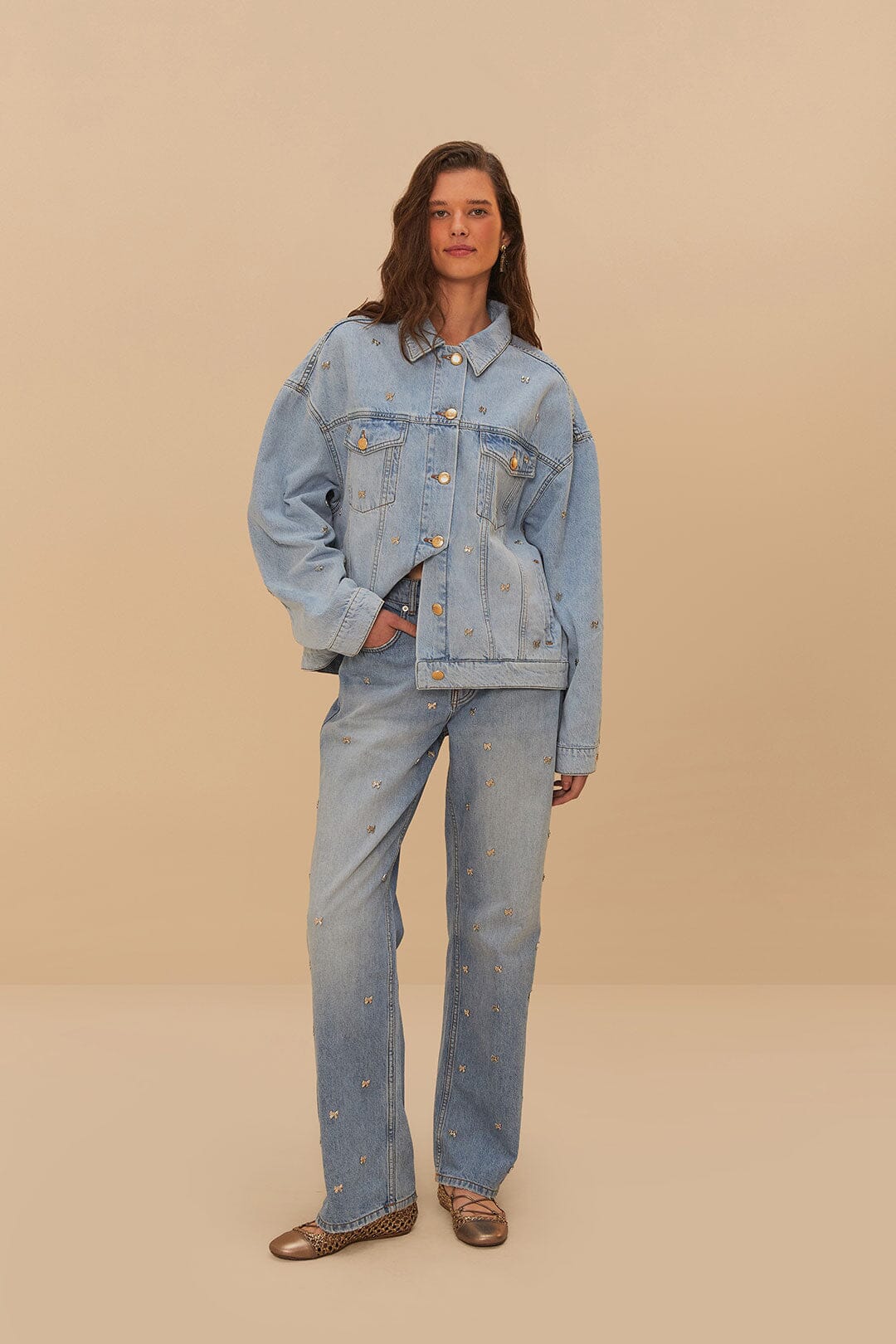 Denim Embroidered Bows Pants - Image 3