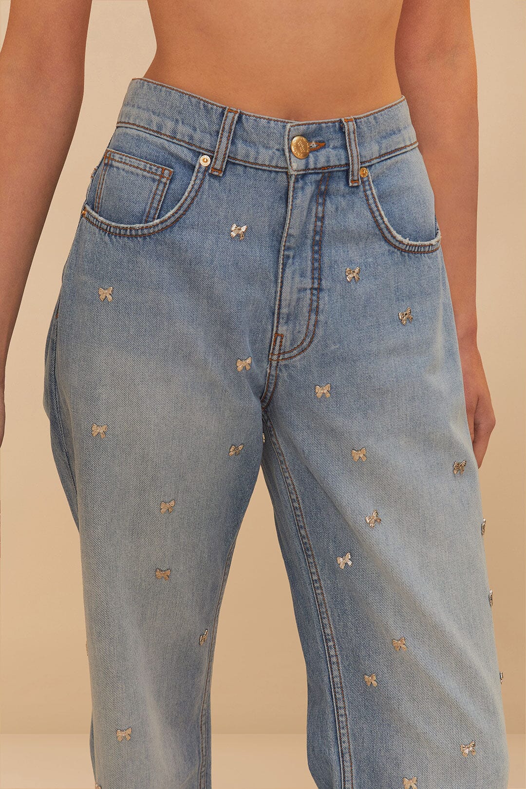 Denim Embroidered Bows Pants - Image 4