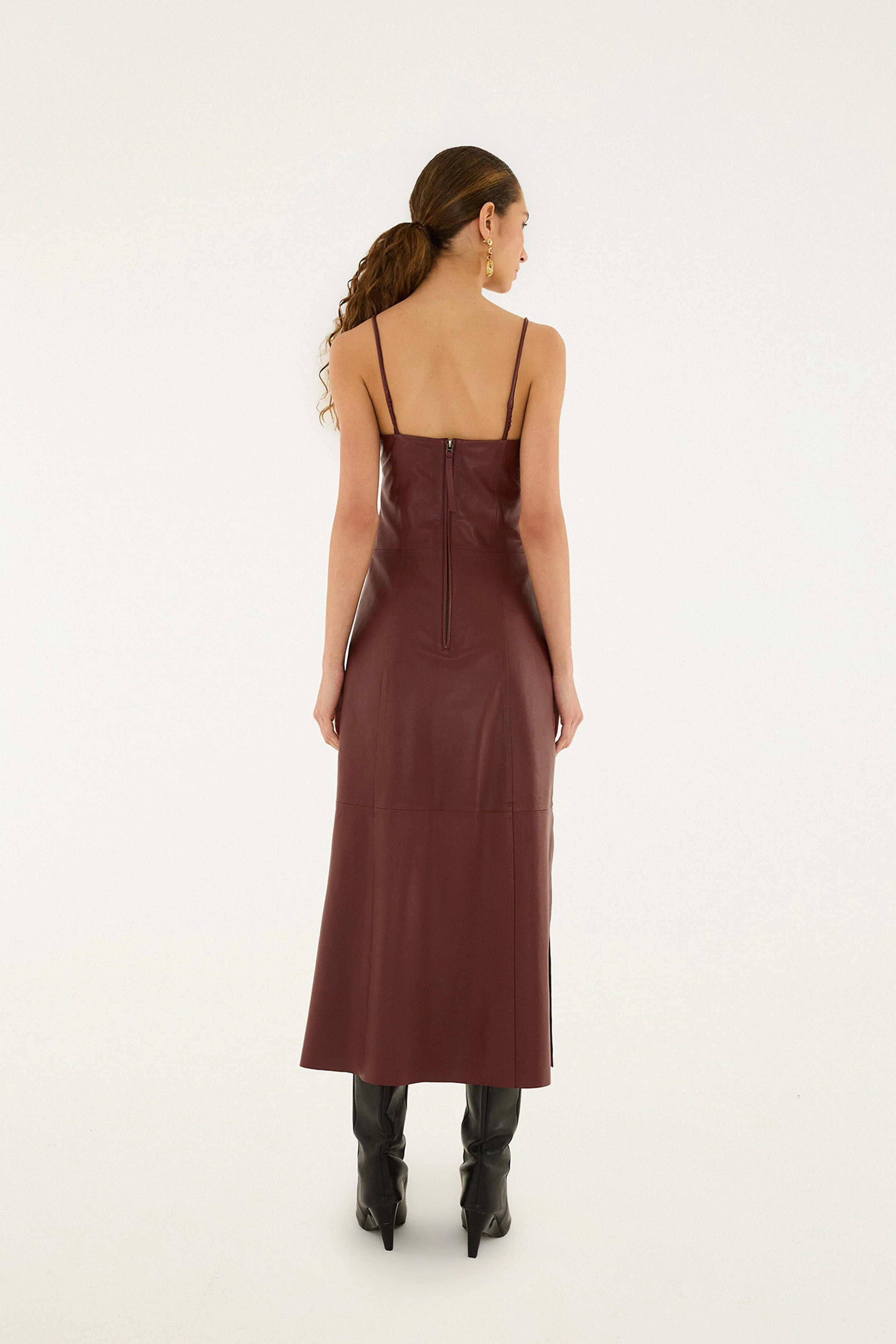 Burgundy 3d Flower Side Slit Leather Midi Dress - Image 3